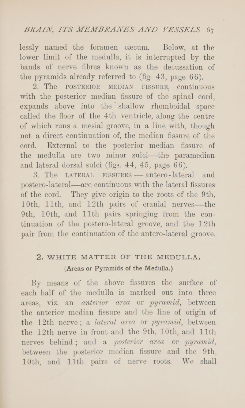 lessly named the foramen cecum. Below, at the lower limit of the medulla, it is interrupted by the bands of nerve fibres known as the decussation of the pyramids already referred to (fig. 43, page 66). 2. The POSTERIOR MEDIAN FISSURE, continuous with the posterior median fissure of the spinal cord, expands above into the shallow rhomboidal space ealled the floor of the 4th ventricle, along the centre of which runs a mesial groove, in a line with, though not a direct continuation of, the median fissure of the cord. External to the posterior median fissure of the medulla are two minor sulci—the paramedian and lateral dorsal sulci (figs. 44, 45, page 66). 3. The LATERAL FISSURES — antero-lateral and postero-lateral—are continuous with the lateral fissures of the cord. They give origin to the roots of the 9th, 10th, 11th, and 12th pairs of cranial nerves—the 9th, 10th, and 11th pairs springing from the con- tinuation of the postero-lateral groove, and the 12th pair from the continuation of the antero-lateral groove. 2. WHITE MATTER OF THE MEDULLA, (Areas or Pyramids of the Medulla.) By means of the above fissures the surface of each half of the medulla is marked out into three areas, viz. an anterior area or pyramid, between the anterior median fissure and the line of origin of the 12th nerve; a lateral area or pyramid, between the 12th nerve in front and the 9th, 10th, and 11th nerves behind; and a_ posterior area or pyramid, between the posterior median fissure and the 9th, 10th, and 11th pairs of nerve roots. We = shall