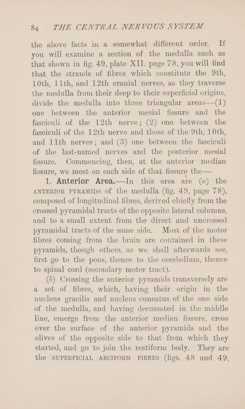 the above facts in a somewhat different order. If you will examine a section of the medulla such as that shown in fig. 49, plate XII. page 78, you will find that the strands of fibres which constitute the 9th, 10th, 11th, and 12th cranial nerves, as they traverse the medulla from their deep to their superficial origins, divide the medulla into three triangular areas—(1) one between the anterior mesial fissure and the fasciculi of the 12th nerve; (2) one between the fasciculi of the 12th nerve and those of the 9th, 10th, and 11th nerves; and (3) one between the fasciculi of the last-named nerves and the posterior mesial fissure. Commencing, then, at the anterior median fissure, we meet on each side of that fissure the— 1. Anterior Area.—In this area are (a) the ANTERIOR PYRAMIDS of the medulla (fig. 49, page 78), composed of longitudinal fibres, derived chiefly from the crossed pyramidal tracts of the opposite lateral columns, and to a small extent from the direct and uncrossed pyramidal tracts of the same side. Most of the motor fibres coming from the brain are contained in these pyramids, though others, as we. shall afterwards see, first go to the pons, thence to the cerebellum, thence to spinal cord (secondary motor tract). (b) Crossing the anterior pyramids transversely are a set of fibres, which, having their origin in the nucleus gracilis and nucleus cuneatus of the one side of the medulla, and having decussated in the middle line, emerge from the anterior median fissure, cross over the surface of the anterior pyramids and the olives of the opposite side to that from which they started, and go to join the restiform body. They are the SUPERFICIAL ARCIFORM FIBRES (figs. 48 and 49,