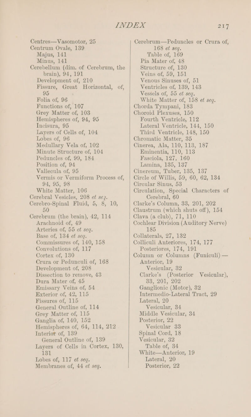 Centrum Ovale, 139 Majus, 141 Minus, 141 Cerebellum (dim. of Cerebrum, the brain), 94, 191 Development of, 210 Fissure, Great Horizontal, of, 95 Folia of, 96 Functions of, 107 Grey Matter of, 103 Hemispheres of, 94, 95 Incisura, 95 Layers of Cells of, 104 Lobes of, 96 Medullary Vela of, 102 Minute Structure of, 104 Peduncles of, 99, 184 Position of, 94 Vallecula of, 95 Vermis or Vermiform Process of, 94, 95, 98 White Matter, 106 Cerebral Vesicles, 208 et sey. Cerebro-Spinal Fluid, 5, 8, 10, 50 Cerebrum (the brain), 42, 114 Arachnoid of, 49 Arteries of, 55 et seq. Base of, 134 et seq. Commissures of, 140, 158 Convolutions of, 117 Cortex of, 130 Crura or Pedunculi of, 168 Development of, 208 Dissection to remove, 43 Dura Mater of, 45 Emissary Veins of, 54 Exterior of, 42, 115 Fissures of, 115 Grey Matter of, 115 Ganglia of, 140, 152 Hemispheres of, 64, 114, 212 General Outline of, 139 Layers of Cells in Cortex, 130, 131 Lobes of, 117 e¢ seq. Membranes of, 44 e¢ seq. 217 168 et seq. Table of, 169 Pia Mater of, 48 Structure of, 130 Veins of, 59, 151 Venous Sinuses of, 51 Ventricles of, 189, 143 Vessels of, 55 et seq. White Matter of, 158 e¢ seq. Chorda Tympani, 183 Choroid Plexuses, 150 Fourth Ventricle, 112 Lateral Ventricle, 144, 150 Third Ventricle, 148, 150 Chromatic Matter, 35 Cinerea, Ala, 110, 113, 187 Eminentia, 110, 113 Fasciola, 127, 160 Lamina, 135, 137 Cinereum, Tuber, 135, 137 Circle of Willis, 59, 60, 62, 134 Circular Sinus, 53 Circulation, Special Characters of Cerebral, 60 Clarke’s Column, 33, 201, 202 Claustrum (which shuts off), 154 Clava (a club), 71, 110 Cochlear Division (Auditory Nerve) 185 Collaterals, 27, 132 Colliculi Anteriores, 174, 177 Posteriores, 174, 191 Column or Columns (Funiculi) — Anterior, 19 Vesicular, 32 Clarke’s (Posterior 33, 201, 202 Ganglionie (Motor), 32 Intermedio-Lateral Tract, 29 Lateral, 20 Middle Vesicular, 34 Posterior, 22 Vesicular 33 Vesicular, 32 Table of, 34 White—Anterior, 19 Lateral, 20 Posterior, 22 Vesicular),