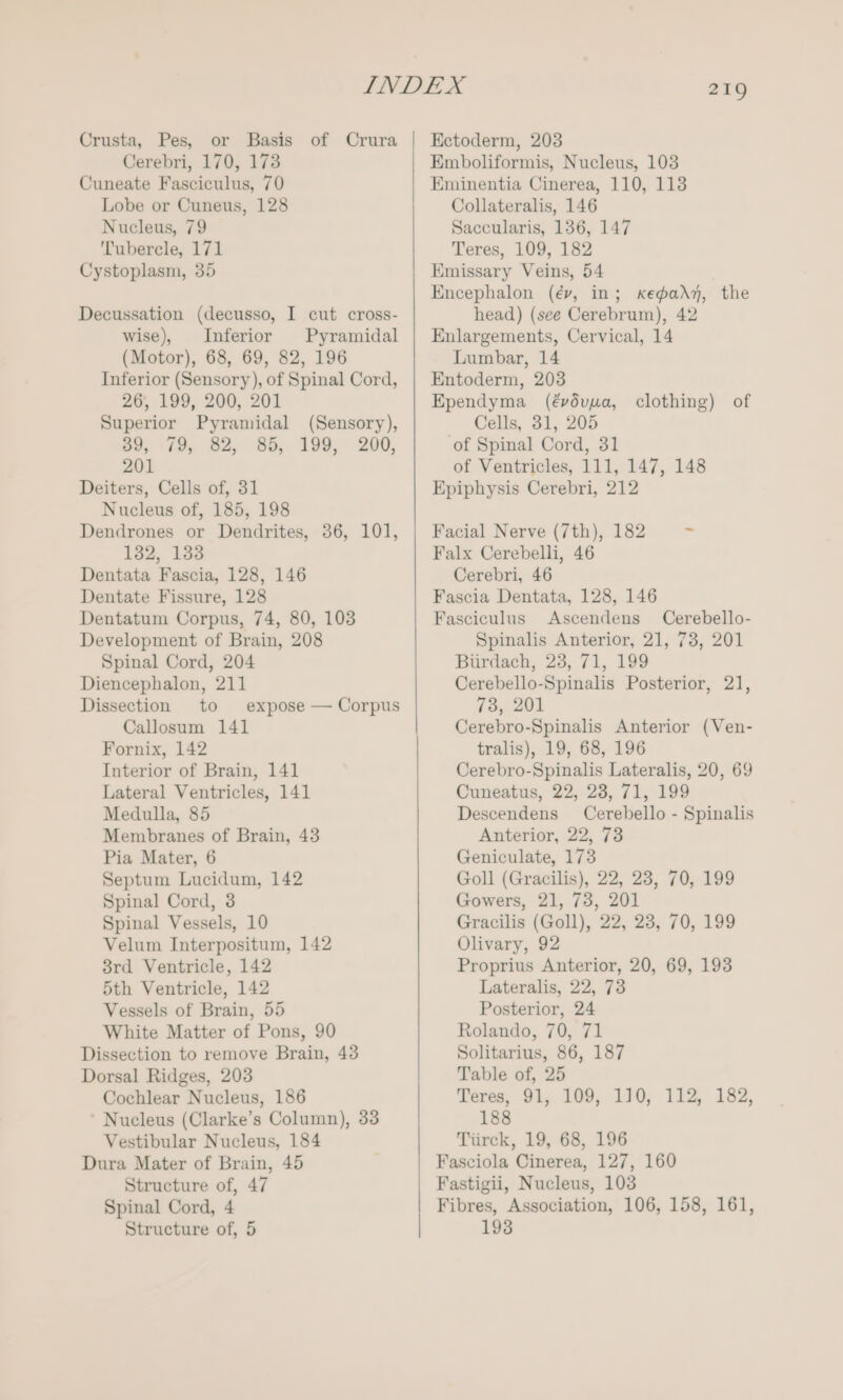 Crusta, Pes, or Basis of Crura Cerebri, 170, 173 Cuneate Fasciculus, 70 Lobe or Cuneus, 128 Nucleus, 79 Tubercle, 171 Cystoplasm, 35 Decussation (decusso, I cut cross- wise), Inferior Pyramidal (Motor), 68, 69, 82, 196 Inferior (Sensory), of Spinal Cord, 26, 199, 200, 201 Superior Pyramidal (Sensory), ov, 79, 82, 85, 199, 200, 201 Deiters, Cells of, 31 Nucleus of, 185, 198 Dendrones or Dendrites, 36, 101, 132, 133 Dentata Fascia, 128, 146 Dentate Fissure, 128 Dentatum Corpus, 74, 80, 103 Development of Brain, 208 Spinal Cord, 204 Diencephalon, 211 Dissection to expose — Corpus Callosum 141 Fornix, 142 Interior of Brain, 141 Lateral Ventricles, 141 Medulla, 85 Membranes of Brain, 43 Pia Mater, 6 Septum Lucidum, 142 Spinal Cord, 3 Spinal Vessels, 10 Velum Interpositum, 142 3rd Ventricle, 142 5th Ventricle, 142 Vessels of Brain, 55 White Matter of Pons, 90 Dissection to remove Brain, 43 Dorsal Ridges, 203 Cochlear Nucleus, 186 ‘ Nucleus (Clarke’s Column), 33 Vestibular Nucleus, 184 Dura Mater of Brain, 45 Structure of, 47 Spinal Cord, 4 219 Ectoderm, 203 Emboliformis, Nucleus, 103 Eminentia Cinerea, 110, 113 Collateralis, 146 Saccularis, 136, 147 Teres, 109, 182 Emissary Veins, 54 Encephalon (év, in; Kear, the head) (see Cerebrum), 42 Enlargements, Cervical, 14 Lumbar, 14 Entoderm, 203 Ependyma (évduua, Cells, 31, 205 of Spinal Cord, 31 of Ventricles, 111, 147, 148 Epiphysis Cerebri, 212 clothing) of Facial Nerve (7th), 182 = Falx Cerebelli, 46 Cerebri, 46 Fascia Dentata, 128, 146 Fasciculus Ascendens Cerebello- Spinalis Anterior, 21, 73, 201 Biirdach, 23, 71, 199 Cerebello-Spinalis Posterior, 21, 78, 201 Cerebro-Spinalis Anterior (Ven- tralis), 19, 68, 196 Cerebro-Spinalis Lateralis, 20, 69 Cuneatus, 22, 28, 71, 199 Descendens Cerebello - Spinalis Anterior, 22, 73 Geniculate, 173 Goll (Gracilis), 22, 23, 70, 199 Gowers, 21, 73, 201 Gracilis (Goll), 22, 23, 70, 199 Olivary, 92 Proprius Anterior, 20, 69, 193 Lateralis, 22, 73 Posterior, 24 Rolando, 70, 71 Solitarius, 86, 187 Table of, 25 Teres, 91, 109, 110, 112, 182, 188 Tiirck, 19, 68, 196 Fasciola Cinerea, 127, 160 Fastigii, Nucleus, 103 Fibres, Association, 106, 158, 161,