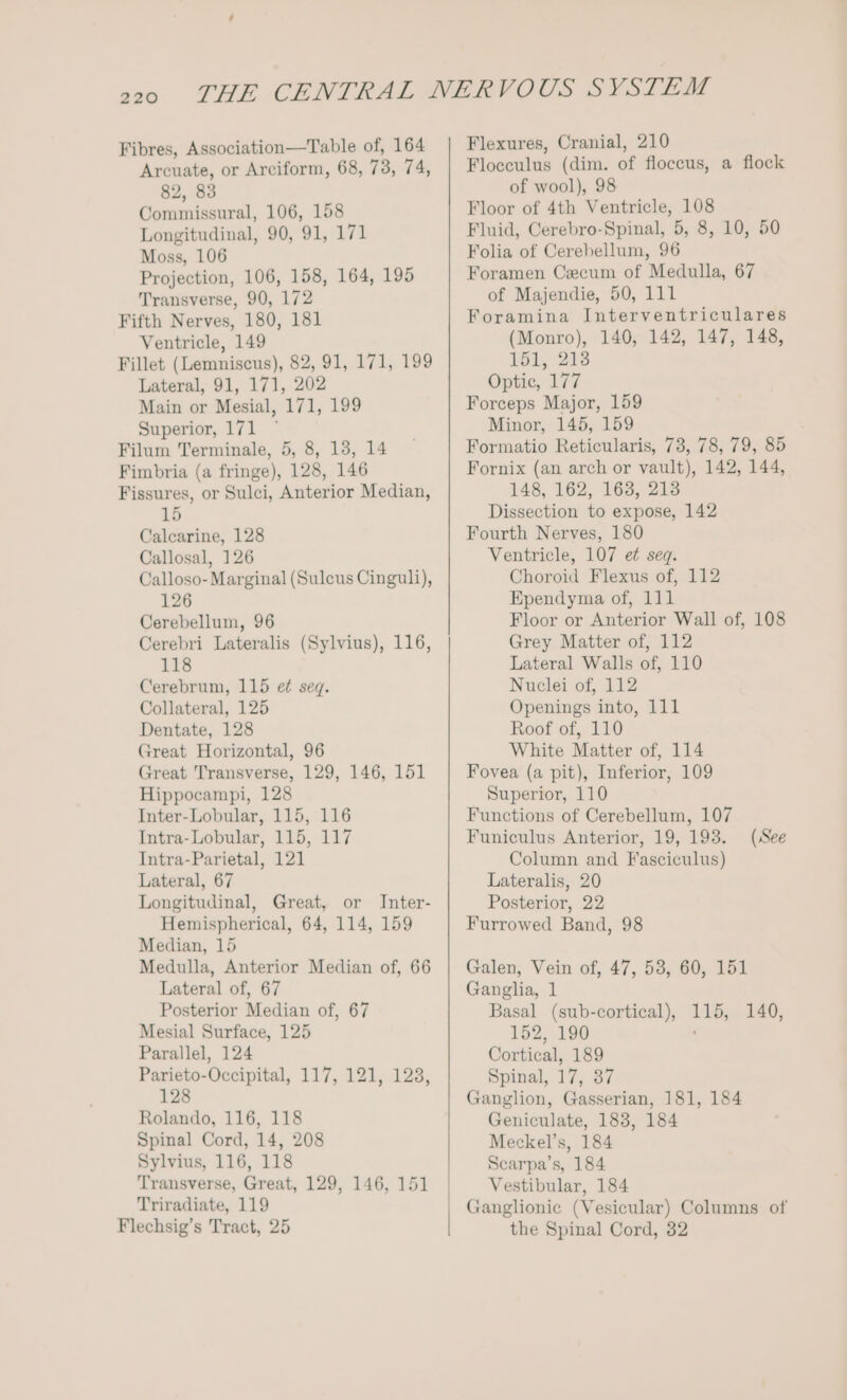 Fibres, Association—Table of, 164 Arcuate, or Arciform, 68, 73, 74, 82, 83 Commissural, 106, 158 Longitudinal, 90, 91, 171 Moss, 106 Projection, 106, 158, 164, 195 Transverse, 90, 172 Fifth Nerves, 180, 181 Ventricle, 149 Fillet (Lemniscus), 82, 91, 171, 199 Lateral, 91, 171, 202 Main or Mesial, 171, 199 Superior, 171 ° Filum Terminale, 5, 8, 13, 14 Fimbria (a fringe), 128, 146 Fissures, or Sulci, Anterior Median, 15 Calcarine, 128 Callosal, 126 Calloso- Marginal (Sulcus Cinguli), 126 Cerebellum, 96 Cerebri Lateralis (Sylvius), 116, 118 Cerebrum, 115 e¢ seq. Collateral, 125 Dentate, 128 Great Horizontal, 96 Great Transverse, 129, 146, 151 Hippocampi, 128 Inter-Lobular, 115, 116 Intra-Lobular, 115, 117 Intra-Parietal, 121 Lateral, 67 Longitudinal, Great, or Inter- Hemispherical, 64, 114, 159 Median, 15 Medulla, Anterior Median of, 66 Lateral of, 67 Posterior Median of, 67 Mesial Surface, 125 Parallel, 124 Parieto-Occipital, 117, 121, 128, 128 Rolando, 116, 118 Spinal Cord, 14, 208 Sylvius, 116, 118 Transverse, Great, 129, 146, 151 Triradiate, 119 | Flechsig’s Tract, 25 | Flexures, Cranial, 210 Flocculus (dim. of floceus, a flock of wool), 98 Floor of 4th Ventricle, 108 Fluid, Cerebro-Spinal, 5, 8, 10, 50 Folia of Cerebellum, 96 Foramen Czcum of Medulla, 67 of Majendie, 50, 111 Foramina Interventriculares (Monro), 140, 142, 147, 148, 151, 213 Optic, 177 Forceps Major, 159 Minor, 145, 159 Formatio Reticularis, 73, 78, 79, 85 Fornix (an arch or vault), 142, 144, 148, 162, 163, 213 Dissection to expose, 142 Fourth Nerves, 180 Ventricle, 107 et seq. Choroid Flexus of, 112 Ependyma of, 111 Floor or Anterior Wall of, 108 Grey Matter of, 112 Lateral Walls of, 110 Nuclei of, 112 Openings into, 111 Roof of, 110 White Matter of, 114 Fovea (a pit), Inferior, 109 Superior, 110 Functions of Cerebellum, 107 Funiculus Anterior, 19, 193. Column and Fasciculus) Lateralis, 20 Posterior, 22 Furrowed Band, 98 (See Galen, Vein of, 47, 53, 60, 151 Ganglia, 1 Basal (sub-cortical), 152, 190 Cortical, 189 Spinal, 17, 37 Ganglion, Gasserian, 181, 184 Geniculate, 183, 184 Meckel’s, 184 Scarpa’s, 184 Vestibular, 184 Ganglionic (Vesicular) Columns of the Spinal Cord, 32 115, 140,