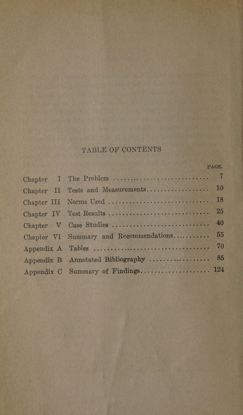 Chapter I Chapter II Chapter III Chapter IV Chapter V Chapter VI Appendix A Appendix B Appendix C TABLE OF CONTENTS is PAGE The; Problemy 4 veydineine slid sink ee 7 Tests and Measurements..........+-.--+2+- 10 Norms Used. {2p faietss «sree cae ee ie 18 Test Results cis ae awe tiie hie 25 Case Studies 0a we a Summary and Recommendations........... 5D ables: cs! aan vol ants 2 nme RTO Annotated Bibliography ...............-.&gt; 85 Summary of Findings...............++.-; 124