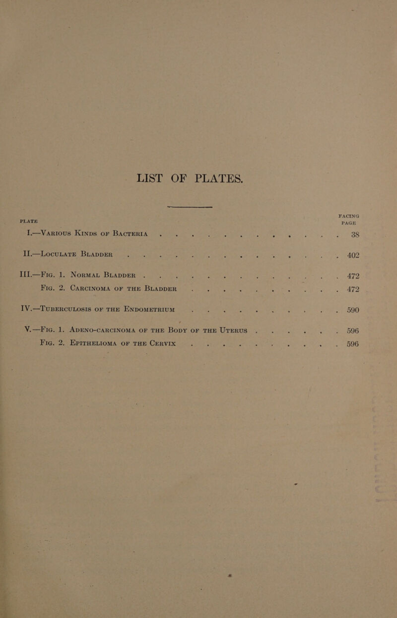 LIST OF PLATES. FACING PLATE : PAGE I.—Various Kinps or BAcTERIA . ; 2 é ‘ = : ‘ é : &gt; 38 II.—LocuuateE BLuAppER : : : : . : ; : A . ; : ; e402 III.—Fia. 1. Normau BuappER . : : A i : ‘ : a : ; . 472 Hig. 2. CARCINOMA OF THE BLADDER . . A . i 4 - } , NATO IV.—TUBERCULOSIS OF THE ENDOMETRIUM ‘ : ; y : A : : ; . 590 V.—Fic. 1. ADENO-CARCINOMA OF THE Bopy oF THE UTERUS . : ; é : 96 Fig. 2. EPITHELIOMA OF THE CERVIX ‘ ; K 3 : ; é ¢ . . 596