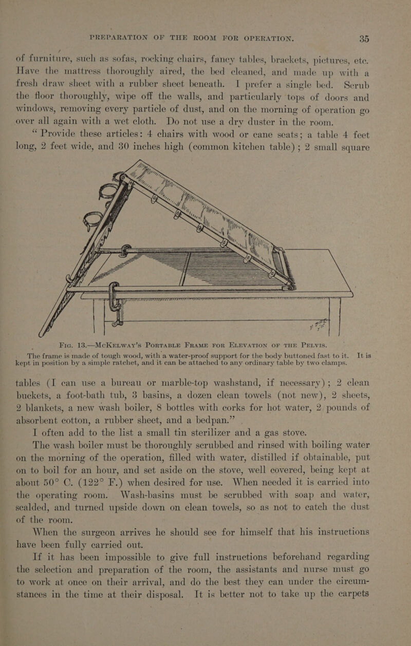 ‘ PREPARATION OF THE ROOM FOR OPERATION. 30 , of furniture, such as sofas, rocking chairs, fancy tables, brackets, pictures, ete. Have the mattress thoroughly aired, the bed cleaned, and made up with a fresh draw sheet with a rubber sheet beneath. I prefer a single bed. Serub the floor thoroughly, wipe off the walls, and particularly ‘tops of doors and windows, removing every particle of dust, and on the morning of operation go over all again with a wet cloth. Do not use a dry duster in the room. “ Provide these articles: 4 chairs with wood or cane seats; a table 4 feet long, 2 feet wide, and 30 inches high (common kitchen table) ; 2 small square The frame is made of tough wood, with a water-proof support for the body buttoned fast to it. Itis kept in position by a simple ratchet, and it can be attached to any ordinary table by two clamps. tables (I can use a bureau or marble-top washstand, if necessary); 2 clean buckets, a foot-bath tub, 3 basins, a dozen clean towels (not new), 2 sheets, 2 blankets, a new wash boiler, 8 bottles with corks for hot water, 2 pounds of absorbent cotton, a rubber sheet, and a bedpan.”’ I often add to the list a small tin sterilizer and a gas stove. The wash boiler must be thoroughly scrubbed and rinsed with boiling water on the morning of the operation, filled with water, distilled if obtainable, put on to boil for an hour, and set aside on the stove, well covered, being kept at about 50° C. (122° F.) when desired for use. When needed it is carried into the operating room. Wash-basins must be scrubbed with soap and water, scalded, and turned upside down on clean towels, so as not to catch the dust of the room. When the surgeon arrives he should see for himself that his instructions have been fully carried out. | If it has been impossible to give full instructions beforehand regarding the selection and preparation of the room, the assistants and nurse must go to work at once on their arrival, and do the best they can under the cireum- stances in the time at their disposal. It is better not to take up the carpets