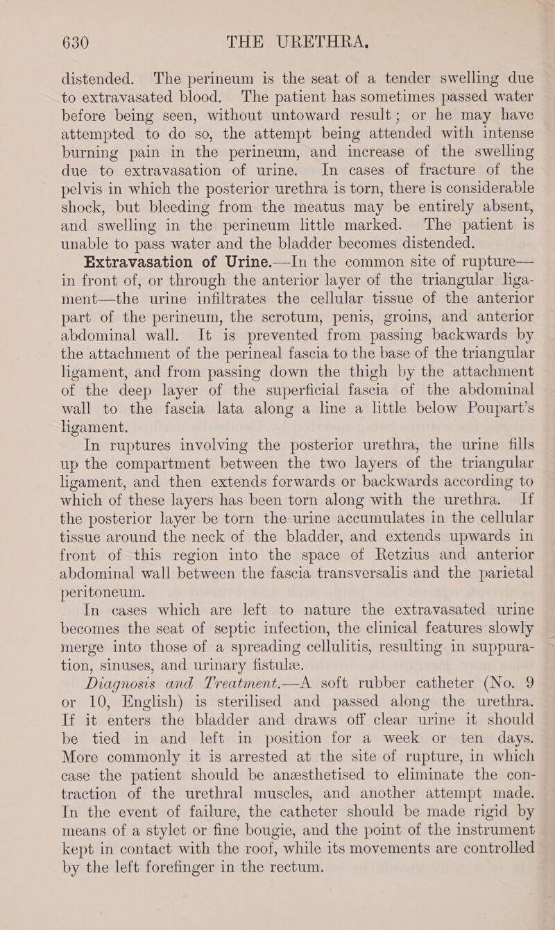 distended. The perineum is the seat of a tender swelling due to extravasated blood. The patient has sometimes passed water before being seen, without untoward result; or he may have attempted to do so, the attempt being attended with intense burning pain in the perineum, and increase of the swelling due to extravasation of urine. In cases of fracture of the pelvis in which the posterior urethra is torn, there is considerable shock, but bleeding from the meatus may be entirely absent, and swelling in the perineum little marked. The patient is unable to pass water and the bladder becomes distended. Extravasation of Urine.—In the common site of rupture— in front of, or through the anterior layer of the triangular liga- ment—the urine infiltrates the cellular tissue of the anterior part of the perineum, the scrotum, penis, groins, and anterior abdominal wall. It is prevented from passing backwards by the attachment of the perineal fascia to the base of the triangular ligament, and from passing down the thigh by the attachment of the deep layer of the superficial fascia of the abdominal wall to the fascia lata along a line a little below Poupart’s ligament. In ruptures involving the posterior urethra, the urine fills up the compartment between the two layers of the triangular ligament, and then extends forwards or backwards according to which of these layers has been torn along with the urethra. If the posterior layer be torn the urine accumulates in the cellular tissue around the neck of the bladder, and extends upwards in front of this region into the space of Retzius and anterior abdominal wall between the fascia transversalis and the parietal peritoneum. In cases which are left to nature the extravasated urine becomes the seat of septic infection, the clinical features slowly merge into those of a spreading cellulitis, resulting in suppura- tion, sinuses, and urinary fistulee. Diagnosis and Treatment.—A soft rubber catheter (No. 9 or 10, English) is sterilised and passed along the urethra. If it enters the bladder and draws off clear urine it should be tied in and left in position for a week or ten days. More commonly it is arrested at the site of rupture, in which case the patient should be anesthetised to eliminate the con- traction of the urethral muscles, and another attempt made. In the event of failure, the catheter should be made rigid by means of a stylet or fine bougie, and the point of the instrument kept in contact with the roof, while its movements are controlled by the left forefinger in the rectum.