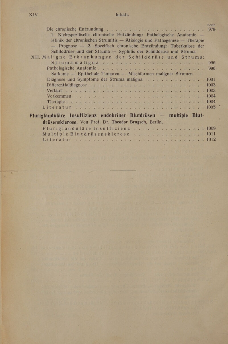 Seite Die chronische Entzündung . . . . NIE TRERTTN 1. Nichtspezifische chronische Entzündung: Battiologische Anatomie — | Klinik der chronischen Strumitis — Ätiologie und Pathogenese — Therapie — Prognose — 2. Specifisch chronische Entzündung: Tuberkulose der Schilddrüse und der Struma — Syphilis der Schilddrüse und Struma x1. Maligne Erkrankungen der 'Schilddruse- und!’ Struma: Sstru man a NER AIR ODER ISBE INNE DES EB RE 996 Pathologische Anatomie; 2.2.1.2. 2 ze. N 996 Sarkome — Epitheliale Tumoren — ISEhTarcnee te Sthumen Diagnose’ und Symptome ‚der Struma maligna! 7 m! mn a. STE, 1001 Differentialiaenoser vi 33. Ih AIR NA TE EI EEE 1003 VERSBEENSTR N SE e Menazare ne NIULDSTSIETDEE SE IE VER DRE TEOKEHE Er 1003 VOrKGmmen- 2.7 Se RETTET PRRERE RES RO TREND: EHER ENSES IE SENSE EGEN ‚5 %°%.:1004 EA UT en ee anne IE DT ME LEER: 1005 Plurielanduläre Insuffizienz endokriner Blutdrüsen — alnk Blut- drüsensklerose. Von Prof. Dr. Theodor Brugsch, Berlin. Pinrielanduläte Ins u Li ZI EN ZI ER R RRT REEEIE BRRLLRNE Multiple-BlutdrusensKk let. 0 Se, aa RE RE RE SL DAHER UA a N NR BE N VE Re We Ser EEE LE 00