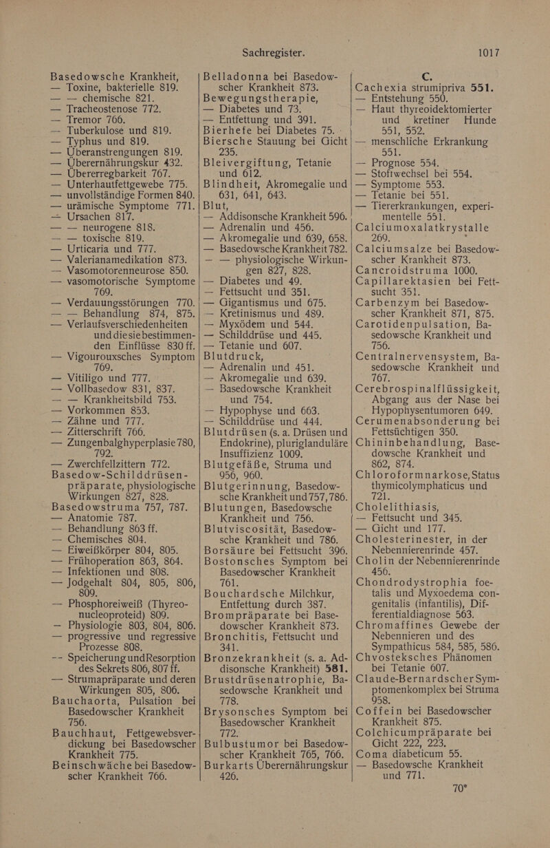 Basedowsche Krankheit, — Toxine, bakterielle 819. — chemische 821. Tracheostenose 772. Tremor 766. Tuberkulose und 819. Typhus und 819. Überanstrengungen 819. UÜberernährungskur 432. Übererregbarkeit 767. Unterhautfettgewebe 775. unvollständige Formen 840. Ursachen 817. — neurogene 818. — toxische 819. Urticaria und 777. — Valerianamedikation 873. — Vasomotorenneurose 850. vasomotorische Symptome 769. Verdauungsstörungen 770. — Behandlung 874, 875. Verlaufsverschiedenheiten und diesiebestimmen- den Einflüsse 830 ff. — Vigourouxsches Symptom 769. — Vitiligo und 777. Vollbasedow 831, 837. — Krankheitsbild 753. Vorkommen 853. Zähne und 777. Zitterschrift 766. — Zungenbalghyperplasie 730, 792 ar Fels ea Pe ie — Zwerchfellzittern 772. Basedow-Schilddrüsen- präparate, physiologische Wirkungen 827, 828. Basedowstruma 757, 787. — Anatomie 787. — Behandlung 863 ff, — Chemisches 804. — Eiweißkörper 804, 805. — Frühoperation 863, 864. — Infektionen und 808. — Jodgehalt 804, 805, 806, 809. — Phosphoreiweiß (Thyreo- nucleoproteid) 809. — Physiologie 803, 804, 806. — progressive und regressive Prozesse 808. -- SpeicherungundResorption des Sekrets 806, 807 ff. — Strumapräparate und deren Wirkungen 805, 806. Bauchaorta, Pulsation bei Basedowscher Krankheit 756. Bauchhaut, Fettgewebsver- dickung bei Basedowscher Krankheit 775. Beinschwäche bei Basedow- scher Krankheit 766. Sachregister. Belladonna bei Basedow- scher Krankheit 873. Bewegungstherapie, — Diabetes und 73. — Entfettung und 391. Bierhefe bei Diabetes 75. Biersche Stauung bei Gicht 2a Bleivergiftung, Tetanie und 612. Blindheit, Akromegalie und 631, 641, 643. — Addisonsche Krankheit 596. Adrenalin und 456. Akromegalie und 639, 658. Basedowsche Krankheit 782. — physiologische Wirkun- gen 827, 828. Diabetes und 49. Fettsucht und 351. Gigantismus und 675. Kretinismus und 489. Myxödem und 544. Schilddrüse und 445. — Tetanie und 607. Blutdruck, — Adrenalin und 451. — Akromegalie und 639. — Basedowsche Krankheit und 754. — Hypophyse und 663. — Schilddrüse und 444. Blutdrüsen (s. a. Drüsen und Endokrine), pluriglanduläre Insuffizienz 1009. Blutgefäße, Struma und 956, 960. Blutgerinnung, Basedow- sche Krankheit und 757,786. Blutungen, Basedowsche Krankheit und 756. Blutviscosität, Basedow- sche Krankheit und 786. Borsäure bei Fettsucht 396. Bostonsches Symptom bei Basedowscher Krankheit 761. Bouchardsche Milchkur, Entfettung durch 387. Brompräparate bei Base- dowscher Krankheit 873. Bronchitis, Fettsucht und 341. Bronzekrankheit (s. a. Ad- disonsche Krankheit) 381. Brustdrüsenatrophie, Ba- sedowsche Krankheit und 778. Brysonsches Symptom bei Basedowscher Krankheit 112; Bulbustumor bei Basedow- scher Krankheit 765, 766. Burkarts Überernährungskur 426. 1017 Cachexia strumipriva 551. — Entstehung 550. — Haut thyreoidektomierter und kretiner Hunde 53,552: — menschliche Erkrankung 551. Prognose 554. Stoftwechsel bei 554. — Symptome 553. —. Tetanie bei 551. — Tiererkrankungen, experi- mentelle 551. Calciumoxalatkrystalle 269. Calciumsalze bei Basedow- scher Krankheit 873. Cancroidstruma 1000. Capillarektasien bei Fett- sucht 351. Carbenzym bei Basedow- scher Krankheit 871, 875. Carotidenpulsation, Ba- sedowsche Krankheit und 756. Centralnervensystem, Ba- sedowsche Krankheit und 1767. Cerebrospinalflüssigkeit, Abgang aus der Nase bei Hypophysentumoren 649. Cerumenabsonderung bei Fettsüchtigen 350. Chininbehandlung, Base- dowsche Krankheit und 862, 874. Chloroformnarkose, Status thymicolymphaticus und 721 Cholelithiasis, -— Fettsucht und 345. — Gicht und 177. Cholesterinester, in der Nebennierenrinde 457. Cholin der Nebennierenrinde 456. Chondrodystrophia foe- talis und Myxoedema con- genitalis (infantilis), Dif- ferentialdiagnose 563. Chromaffines Gewebe der Nebennieren und des Sympathicus 584, 585, 586. Chvosteksches Phänomen bei Tetanie 607. Claude-BernardscherSym- ptomenkomplex bei Struma 958. Coffein bei Basedowscher Krankheit 875. Colchicumpräparate bei Gicht :222, 223. Coma diabeticum 55. — Basedowsche Krankheit und 771. 70*