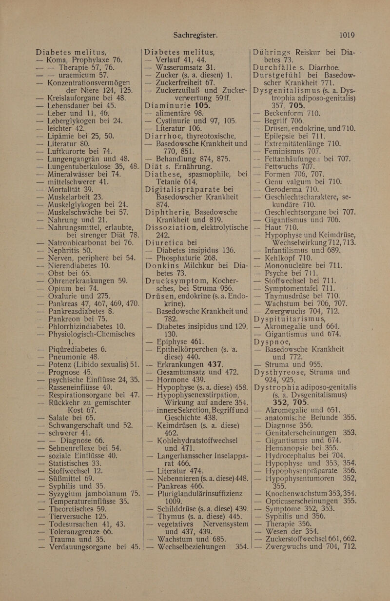 Diabetes melitus, — Koma, Prophylaxe 76. — Therapie 57, 76. — uraemicum 57. Konzentrationsvermögen der Niere 124, 125. Kreislauforgane bei 48. Lebensdauer bei 45. Leber und 11, 46. Lebergiykogen bei 24. — leichter 42. Lipämie bei 25, 50. Literatur 80. Luftkurorte bei 74. — Lungengangrän und 48. Mineralwässer bei 74. mittelschwerer 41. Mortalität 39. Muskelarbeit 23. — Muskelglykogen bei 24. Muskelschwäche bei 57. Nahrung und 21. Nahrungsmittel, erlaubte, Natronbicarbonat bei 76. Nephritis 50. Nerven, periphere bei 54. Nierendiabetes 10. Obst bei 69. Ohrenerkrankungen 59. Opium bei 74. Oxalurie und 275. Pankreasdiabetes 8. Pankreon bei 75. Phlorrhizindiabetes 10. Paydin Geisel: -Chemisches Pigirediabetes 6. Pneumonie 48. Prognose 45. Rasseneinflüsse 40. — Rückkehr zu gemischter Kost 67. Salate bei 65. Schwangerschaft und 52. schwerer 41. — Diagnose 66. Sehnenreflexe bei 54. soziale Einflüsse 40. Statistisches 33. — Stoffwechsel 12. Süßmittel 69. Syphilis und 35. Temperatureinflüsse 35. Theoretisches 59. Tierversuche 125. — Todesursachen 41, 43. Toleranzgrenze 66. Trauma und 35. Sachregister. Diabetes melitus, — Verlauf 41, 44. Wasserumsatz 31. — Zucker (s. a. diesen) 1. Zuckerfreiheit 67. — Zuckerzufluß und Zucker- verwertung 59ff. Diaminurie 105. alimentäre 98. Cystinurie und 97, 105. Literatur 106. Diarrhoe, thyreotoxische, Basedowsche Krankheit und 110,891. — Behandlung 874, 875. Diät s. Ernährung. Diathese, spasmophile, Tetanie 614. Digitalispräparate bei Basedowscher Krankheit 874. Diphtherie, Basedowsche Krankheit und 819. Dissoziation, elektrolytische 242. Diuretica bei — Diabetes insipidus 136. — Phosphaturie 268. Donkins Milchkur bei Dia- betes 73. Drucksymptom, Kocher- sches, bei Struma 956. Drüsen, endokrine (s. a. Endo- krine), — Basedowsche Krankheit und 782. — Diabetes insipidus und 129, 130. Epiphyse 461. Epithelkörperchen (s. a. diese) 440. Erkrankungen 437. — Gesamtumsatz und 472. Hormone 430. Hypophyse (s. a. diese) 458. Hypophysenexstirpation, bei innere Sekretion, Begriff und Geschichte 438. Keimdrüsen (s. a. diese) 462. — Kohlehydratstoffwechsel und 471 — Langerhansscher Inselappa- rat 466. Literatur 474. Nebennieren (s. a. diese) 448. — Pankreas 466. — Pluriglandulärinsuffizienz 1009. Schilddrüse (s. a. diese) 439. — Thymus (s. a. diese) 445. vegetatives Nervensystem und 437, 439. -— Wachstum und 685. Wechselbeziehungen. 354. 1019 Dührings Reiskur bei Dia- betes 73. Durchfälle s. Diarrhoe. Durstgefühl bei Basedow- scher Krankheit 771. Dysgenitalismus (s. a. Dys- trophia adiposo-genitalis) 357, 705. — Beckenform 710. — Begriff 706. -- - Drüsen, endokrine, und 710. — Epilepsie DeisTti — Fxtremitätenlänge 710. Feminismus 707. -- Fettanhäufunge:ı bei 707. Fettwuchs 707. Formen 706, 707. — Genu valgeum bei 710. Geroderma 710. Geschlechtscharaktere, se- kundäre 710. — Geschlechtsorgane bei 707. Gigantismus und 706. — Haut 710. — Hypophyse und Keimdrüse, Wechselwirkung 712, 713. Infantilismus und 689. Kehlkopf 710. -— Mononucleäre bei 711. -— Psyche bei 711. Stoffwechsel bei 711. Symptomentafel 711. Thymusdrüse bei 710. — Wachstum bei 706, 707. Zwergwuchs 704, 712. Dyspituitarismus, — Akromegalie und 664. — Gigantismus und 674. Dyspnoe, — Basedowsche Krankheit und. 772. — Struma und 95. Dysthyreose, Struma und 924, 925. Dystrophia adiposo-genitalis iS.a. Dysgenitalismus) 352, 705. Akromegalie und 651. — anatomische Befunde 355. Diagnose 356. — Genitalerscheinungen 353. — Gigantismus und 074. — Hemianopsie bei 355. — Hydrocephalus bei 704. — Hypophyse und 353, 354. Hypophysenpräparate 356. Hypophysentumoren 352, 335. — Knochenwachstum 353, 354. Opticuserscheinungen 355. Symptome 352, 353. — Syphilis und 356. Therapie 350. — Wesen der 354. — Zuckerstoffwechsel 661, 662. — Zwergwuchs und 704, 712.