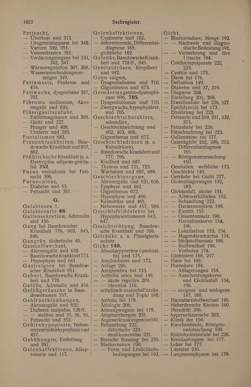 Fettsucht, — UÜberkost und 313. — Urogenitalapparat bei 348. — Varicen 339, 351. — Venenektasien 351. — Verdauungsorgane bei 334, 342, 347. — Wärmeregulation 307, 308. — Wasserausscheidungsver- mögen 349, Fettumsatz, Pankreas und 474. Fettwuchs, dysgenitaler 357, 707. . Fibroma molluscum, Akro- megalie und 635. Flüssigkeitszufuhr, — Entfettungskuren und 389. — Gicht und 227. — Hunger und 408. — Uraturie und 285. Foetalismus 683. Frauenkrankheiten, Base- dowsche Krankheit und 857, 862. Fröhlichsche Krankheit (s. a. Dystrophia adiposo-genita- lis) 352. Fucus vesiculosus bei Fett- sucht 396. Furunculose, — Diabetes und 53. — Fettsucht und 351. G. Galaktosen |. Galaktosurie 88. Gallensekretion, Adrenalin und 456. Gang bei Basedowscher Krankheit 779, .803, 845, 840. Gangrän, diabetische 49. Gasstoffwechsel, — Akromegalie und 638. — Basedowsche Krankheit 773. — Hypophyse und 661. Gastralgien bei Basedow- scher Krankheit 851. Geburt, Basedowsche Krank- heit und 778. Gefäße, Adrenalin und 454. Gefäßgeräusche in Base- dowstrumen 757. Gehirnerkrankungen, — Akromegalie und 631. — Diabetes insipidus 126 ff. — — melitus und 35, 36, 55. — Fettsucht und 352. Gehirnhypoplasie, Neben- 457. Gehübungen, Entfettung und 391. Gelenkaffektionen, Alkap- tonurie und 117. |Gelenkaffektionen, — Cystinurie und 102, — deformierende, Differential- diagnose 165. — gichtische 162. Gelenke, BasedowscheKrank- heit und 778ff., 845. Genitaldrüsen, Kropfherz und 942. Genu valgum, — Dysgenitalismus und 710. — Gigantismus und 673. Gerodermagenito-dystrophi- cum 696, 705. — Dysgenitalismus und 710. — Zwergwuchs, hypophysärer, und 705. | Geschlechtscharaktere, sekundäre, — Geschlechtsrichtung und | 462, 463, 466. ı — Gigantismus und 672. Geschlechtsdrüsen (s. a. Keimdrüsen), 717, 196, | — Kindheit und 687. — Thymus und 721, 723. — Wachstum und 687, 688. Geschlechtsorgane, Akromegalie und 631, 636. Epıphyse und 4062. Gigantismus 672. Hypophyse und 460. Keimdrüse und 465. Nebenniere und 457, 589. Gesichtsfelddefekte bei Hypophysentumoren 643, 647. Basedow- IGetränke s. a. Flüssigkeits- zufuhr. Gicht 149. tis) und 175. Amyloidniere und 172. — Anlage 206. Antipyretica bei 233. Arthritis urica und 149. — akute reguläre 209. — chronica 210. Asthma bei 179. Atiologie 206. Atmungsorgane bei 179. Atophantherapie 231. Behandlung 222. — diätetische 223. — medikamentöse 231. Blutharnsäure 190. Gicht, — Blutharnsäure, Menge 192. — — Nachweis und diagno- stische Bedeutung.191. — — Vermehrung und ihre Ursache 194. — Colchicinpräparate 222, 223 — Cystitis und 173, Darm bei 176. Definition 149. Diabetes und 37, 219. Diagnose 208. — Einteilung 201, 208. Eiweißzufuhr bei 226, 227. _Epididymitis bei 173. Ernährung bei 223. Fettsucht und 219, 331, 332, 373. Fettzufuhr bei 226. Fleischnahrung bei 223. Gallensteine bei 177. Gelenkgicht 162, 209, 212. — Differentialdiagnose 169. — Röntgenuntersuchung 160. Genitalien, weibliche 173. Geschichte 149. Getränke bei Gicht 227. Gichtablagerungen 182, 183 Gichtanfall, akuter 151. — Altersverhältnisse 152, — Behandlung 222. Darmresorption 198. Eintit53; Gesamtumsatz 198. — Harnsäurekurve 154, 196. — Lokalisation 153, 154. — Magendarmtractus 174. — Stickstoffumsatz 198. — Stoffwechsel 196. — Vorboten 174. Gichtniere 168, 217. Harn bei 1069. Harnsäure 184. — Ablagerungen 154. — Ausscheidungskurve und Gichtanfall 154, 196. — exogene und endogene 187, 188. Harnsäurestoffwechsel 186. Heberdensche Knoten 160. Heredität 206. hyperurikämische 203. Klinik der 150. Knochenherde, Röntgen- untersuchung 160. Kohlehydratzufuhr bei 226. Kreislauforgane bei 177. Leber’ bei 177. Literatur 235. Lungenemphysem bei 179.