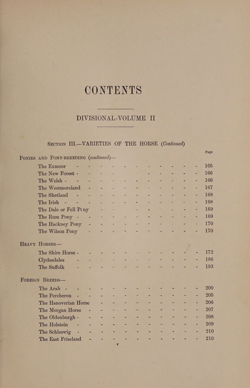 CONTENTS DIVISIONAL-VOLUME II Section II.—VARIETIES OF THE HORSE (Continued) Page PONIES AND PONY-BREEDING (continued)— ; The Exmoor - - - - “ 5 2 : 7 - - 165 The New Forest - - - z : ‘ ‘ Ee : = 166 The Welsh - - = = - - F  3 : 2 166 The Westmoreland’ - - 2 “ “ - : J . El CY The Shetland - - 2 . 2 é . z “ Z rics The Irish - - - : - = “ - : a = * 168 The Dale or Fell Pcny - - = : : - 169 Mieieeouye sy .- - CCU ee 160 The Hackney Pony - - - = = - : . mee 175 The Wilson Pony - - : - - - = 2 : eel TU Heavy Horses— . The Shire Horse - - - - - : - - . - - 172 Clydesdales - : . - : 2 ’ . . See tse The Suffolk - - ~ - 5 “ - 2 . : oP OS FOREIGN BREEDS— The Arab - 2 : - P ee - : - 200 The Percheron - - wt A de am ciy ily = eth os le ee oe OC} The Hanoverian Horse - - - - - - - - - 206 Whewiergaupeorce. &gt; te AR = = Wi en ely’ Phe Oldenburgh- 0S 0 + 8 ow ey es 4 208 The Holstein - - - - - - : : : - - 209 The Schleswig - - - - - - : 2 : O10 The East Friseland - - - - - - - - - - 210