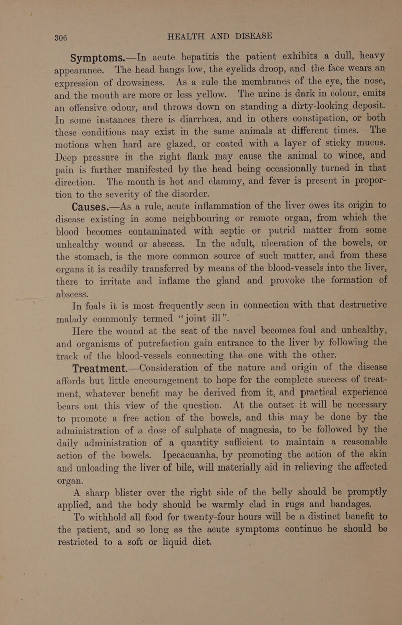Symptoms.—In acute hepatitis the patient exhibits a dull, heavy appearance. The head hangs low, the eyelids droop, and the face wears an expression of drowsiness. As a rule the membranes of the eye, the nose, and the mouth are more or less yellow. The urine is dark in colour, emits an offensive odour, and throws down on standing a dirty-looking deposit. In some instances there is diarrhcea, and in others constipation, or both these conditions may exist in the same animals at different times. The motions when hard are glazed, or coated with a layer of sticky mucus. Deep pressure in the ae flank may cause the animal to wince, and pain is further manifested by the head being occasionally turned in that direction. ‘The mouth is hot and clammy, and fever is present in propor- tion to the severity of the disorder. Causes.—As a rule, acute inflammation of the liver owes its origin to disease existing in some neighbouring or remote organ, from which the blood becomes contaminated with septic or putrid matter from some unhealthy wound or abscess. In the adult, ulceration of the bowels, or the stomach, is the more common source of such matter, and from these organs it is readily transferred by means of the blood-vessels into the liver, there to irritate and inflame the gland and provoke the formation of abscess. | In foals it is most frequently seen in connection with that destructive malady commonly termed “joint ill”. Here the wound at the seat of the navel becomes foul and unhealthy, and organisms of putrefaction gain entrance to the liver by following the track of the blood-vessels connecting the-one with the other. Treatment.—Consideration of the nature and origin of the disease affords but little encouragement to hope for the complete success of treat- ment, whatever benefit may be derived from it, and practical experience bears out this view of the question. At the outset it will be necessary to promote a free action of the bowels, and this may be done by the administration of a dose of sulphate of magnesia, to be followed by the daily administration of a quantity sufficient to maintain a reasonable action of the bowels. Ipecacuanha, by promoting the action of the skin and unloading the liver of bile, will materially aid in relieving the affected organ. A sharp blister over the right side of the belly should be promptly applied, and the body should be warmly clad in rugs and bandages. To withhold all food for twenty-four hours will be a distinct benefit to the patient, and so long as the acute symptoms continue he should be restricted to a soft or liquid diet.