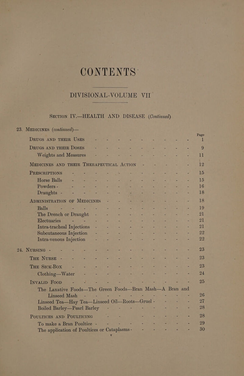 CONTENTS: | DIVISIONAL-VOLUME VII Srorron IV.—HEALTH AND DISEASE (Continued) 23. MEDICINES (continued)— Page DRUGS AND THEIR USES ie gos : ‘ : 2 = 2 - i! DRUGS AND THEIR DOSES - . 2 : : : 2 : 2 9 Weights and Measures - - : : : 2 : = ja MEDICINES AND THEIR THERAPEUTICAL ACTION - 2 = : : 12 PRESCRIPTIONS : 5 : L E ‘ 2 : y u 15 Horse Balls : E - : 3 : : : % i 15 Powders - - - - = : : 3 ie : z 2 16 Draughts - - = “ : 4 3 x i 2 : 4 18 ADMINISTRATION OF MEDICINES - : = * 2 2 : - 18 Balls - - a : 3 Z 2 : : : Fi 19 The Drench or Beans ¢ : 2 : 2 2 : 2 . 21 Electuaries - = 2 : : : : 4 A P 21 Intra-tracheal Injections - - . - - - - - - 21 Subcutaneous Injection —- . - - - . - - - 22 Intra-venous Injection - - - - - - - : - 22 24. NURSING - : 2 2 : - = = 2 se S : 23 THE NURSE - - - - “ 2 - = : : = - oe THE S1cK-Box 5 - - - - ~ - - z : 23 Clothing—Water = - - - - . - - - - - 24 INVALID Foop : 7 = : - : - - = - 25 The Laxative Foods—The Green Foods—-Bran Mash—A Bran and Linseed Mash - = - - - - : 26 Linseed Tea—Hay Pee teed Oi Roots=.Gracl - - - - 27 Boiled Barley—Pearl Barley — - - - = - - - 28 POULTICES AND POULTICING - - - - - - - 28 To make a Bran Poultice - - - - - - - - 29 The appuCRiG of Poultices or Renee - =p ies -kyae - 30