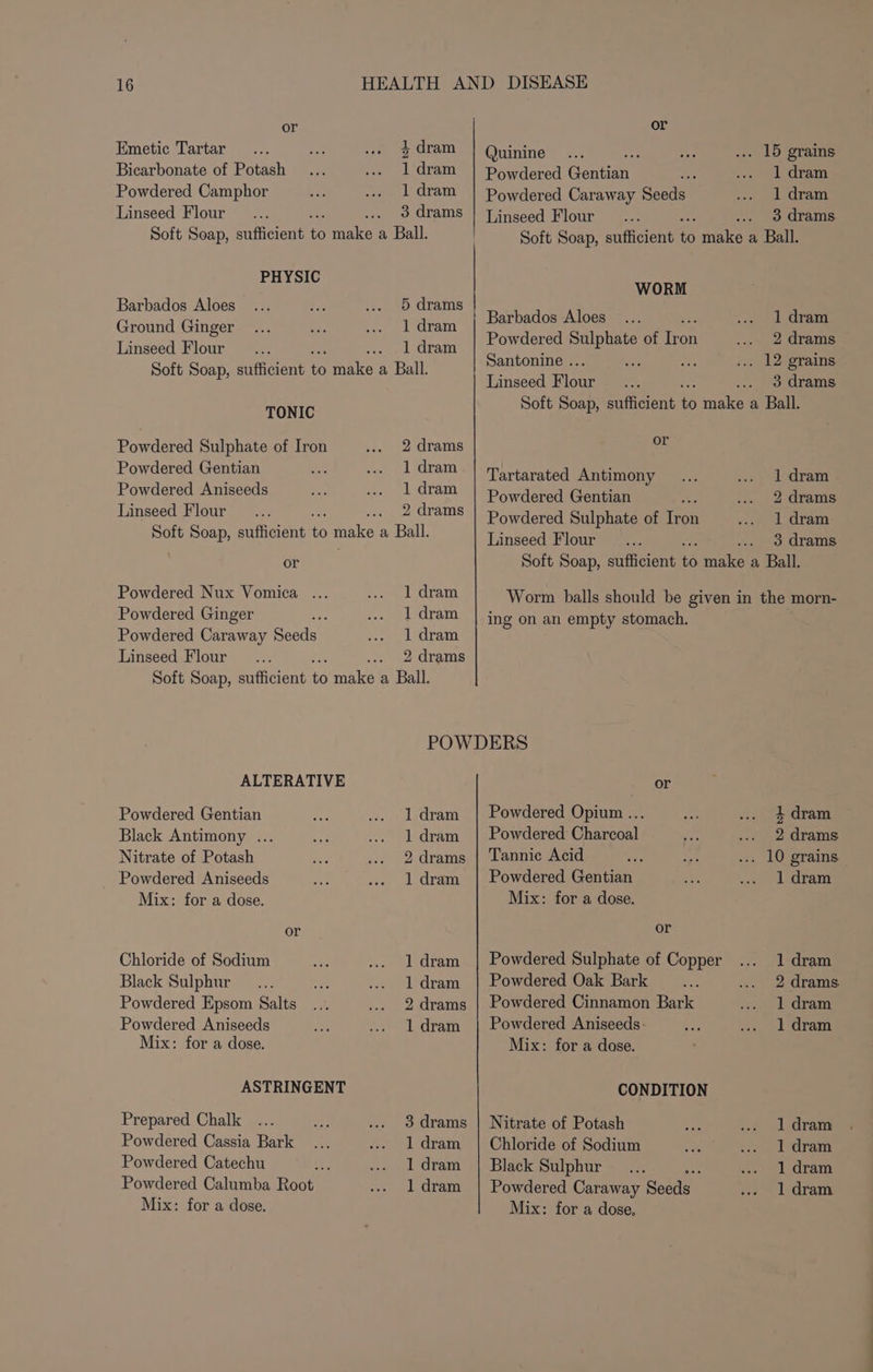 Emetic Tartar 4 dram Bicarbonate of Potash 1 dram Powdered Camphor 1 dram Linseed Flour 3 drams Soft Soap, sufficient ae sy a Ball. PHYSIC Barbados Aloes 5 drams Ground Ginger 1 dram Linseed Flour 1 dram Soft Soap, sufficient to make a Ball. TONIC Powdered Sulphate of Iron 2 drams Powdered Gentian : 1 dram . Powdered Aniseeds 1 dram Linseed Flour 2 drams Soft Soap, sufficient to make a Ball. or Powdered Nux Vomica ... 1 dram Powdered Ginger : 1 dram Powdered Caraway Seeds” 1 dram Linseed Flour 2 drams Soft Soap, sufficient to make a Ball. or Quinine ... 15 grains Powdered Cennard 1 dram Powdered Caraway Seeds 1 dram Linseed Flour 3 drams Soft Soap, sufficient . make a Ball. WORM Barbados Aloes ... 1 dram Powdered Sulphate of iron 2 drams Santonine .. ay . 12 grains Linseed Bloat 3 drams Soft Soap, sufficient to make a Ball. or Tartarated Antimony 1 dram Powdered Gentian - 2 drams Powdered Sulphate of en 1 dram Linseed Flour 3 drams Soft Soap, sufficient ‘6 Tks a Ball. Worm balls should be given in the morn- ing on an empty stomach. POWDERS ALTERATIVE or Powdered Gentian 1 dram | Powdered Opium... 4 dram Black Antimony . 1 dram | Powdered Charcoal 2 drams Nitrate of Potash 2 drams | Tannic Acid . 10 grains Powdered Aniseeds 1 dram | Powdered Gentian 1 dram Mix: for a dose. Mix: for a dose. or or Chloride of Sodium 1 dram | Powdered Sulphate of Copper 1 dram Black Sulphur 1 dram | Powdered Oak Bark 2 drams Powdered Epsom Salts 2 drams | Powdered Cinnamon Bark 1 dram Powdered Aniseeds 1 dram | Powdered Aniseeds. 1 dram Mix: for a dose. Mix: for a dose. ASTRINGENT CONDITION Prepared Chalk 3 drams | Nitrate of Potash 1 dram Powdered Cassia Bark 1 dram | Chloride of Sodium 1 dram Powdered Catechu iP I dram | Black Sulphur ; 1 dram Powdered Calumba Root 1 dram | Powdered Caraway Seeds 1 dram Mix: for a dose. Mix: for a dose.