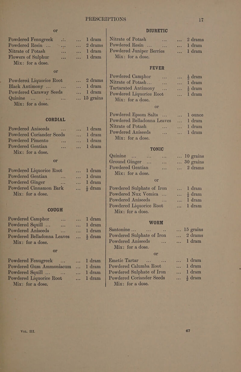 Powdered Fenugreek Powdered Resin ... Nitrate of Potash Flowers of Sulphur Mix: for a dose. or Powdered eee Root Black Antimony . + Powdered Caraw. “3 foreds Quinine 7 Mix: for a cel CORDIAL Powdered Aniseeds Powdered Coriander Seeds Powdered Pimento Powdered Gentian Mix: for a dose. or Powdered Liquorice Root Powdered Gentian Powdered Ginger Powdered Cinnamon Pere Mix: for a dose. COUGH Powdered Camphor Powdered Squill ... Powdered Aniseeds : Powdered Belladonna Leaves Mix: for a dose. or Powdered Fenugreek Powdered Gum Ammoniacum Powdered Squill ... Powdered Liquorice Root Mix: for a dose. Vou. III. 1. dram 2 drams 1 dram. 1 dram 2 drams 1 dram 1 dram 1 dram 1 dram 1 dram 1 dram 1 dram 1 dram 4 dram 1 dram 1 dram 1 dram 4 dram 1 dram 1 dram 1 dram 1 dram Nitrate of Potash Powdered Resin ... é Powdered Juniper Berries Mix: for a dose. FEVER Powdered Camphor Nitrate of Potash... Tartarated Antimony Powdered Liquorice Root Mix: for a dose. or Powdered Epsom Salts Powdered Belladonna Leaves Nitrate of Potash Powdered Aniseeds Mix: for a dose. TONIC Quinine Ground Ginger Powdered Gentian Mix: for a dose. or Powdered Sulphate of Iron Powdered Nux Vomica ... Powdered Aniseeds Powdered Liquorice Root Mix: fcr a dose. WORM Santonine .. Powdered Sulphate of ay Powdered Aniseeds Mix: for a dose. or Emetic Tartar... : Powdered Calumba Roots Powdered Sulphate of Iron Powdered Coriander Seeds Mix: for a dose. 17 2 drams 1 dram 1 dram 4 dram 1 dram 4 dram 1 dram 1 ounce 1 dram 1 dram 1 dram 2 drams 1 dram 4 dram 1 dram 1 dram 2 drams 1 dram 1 dram 1 dram 1 dram 4 dram 67