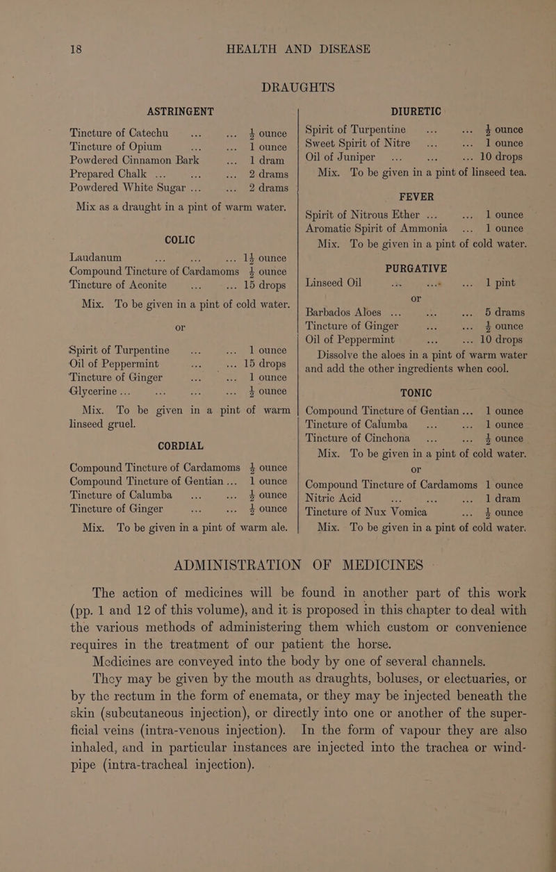 DRAUGHTS ASTRINGENT DIURETIC Tincture of Catechu... ... Founce | Spirit of Turpentine... “++ } ounce Tincture of Opium te ... 1 ounce Sweet Spirit of Nitre ... --- 1 ounce Powdered Cinnamon Bark .. Ildram | Oil of Juniper... ves --. 10 drops Prepared Chalk ... a ... 2 drams Mix. To be given in a pint of linseed tea. Powdered White Sugar ... ... 2 drams A oe ee FEVER MeN en na ae eee Spirit of Nitrous Ether ... ... Ll ounce Aromatic Spirit of Ammonia ... 1 ounce COLIC Mix. To be given in a pint of cold water. Laudanum Se = ... 14 ounce Compound Tincture of Cardamoms 4 ounce : ' PURGATIVE ; Tincture of Aconite a ... 15 drops | Linseed Oil oa v= ss 1 pint Mix. To be given in a pint of cold water. rotiaay Atos a 43 2 es ee or Tincture of Ginger roe ... $ ounce as Oil of Peppermint hs -.- LO drops Spirit of Turpentine si »_, Lounte Dissolve the aloes in a pint of warm water Oil of Peppermint ve sae 15 drops and add the other ingredients when cool. ‘Tincture of Ginger Sia ... 1 ounce Glycerine ... = ee ... ounce TONIC Mix. To be given in a pint of warm | Compound Tincture of Gentian... 1 ounce linseed gruel. Tincture of Calumba__... .. 1 ounce CORDIAL ete of I Su thae % ounce Mix. To be given in a pint of cold water. Compound Tincture of Cardamoms 4 ounce or Compound Tincture of Gentian... 1 ounce | Qompound Tincture of Cardamoms 1 ounce Tincture of Calumba oc . pounce | Nitric Acid r ee . « Loran Tincture of Ginger z ounce | Tincture of Nux Vomica ... $ ounce Mix. To be given in a pint of warm ale. Mix. To be given in a pint of cold water. ADMINISTRATION OF MEDICINES » The action of medicines will be found in another part of this work (pp. 1 and 12 of this volume), and it is proposed in this chapter to deal with the various methods of administering them which custom or convenience requires in the treatment of our patient the horse. Mcdicines are conveyed into the body by one of several channels. They may be given by the mouth as draughts, boluses, or electuaries, or by the rectum in the form of enemata, or they may be injected beneath the skin (subcutaneous injection), or directly into one or another of the super- ficial veins (intra-venous injection). In the form of vapour they are also inhaled, and in particular instances are injected into the trachea or wind- pipe (intra-tracheal injection).
