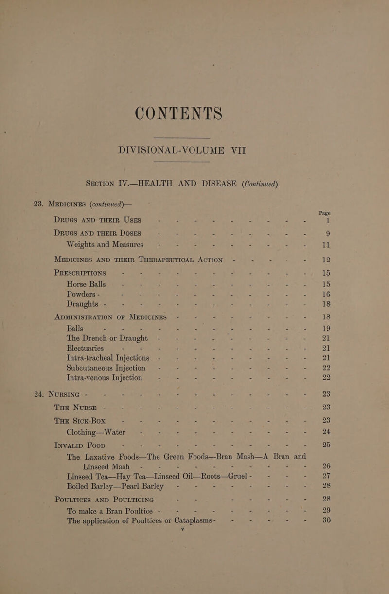 CONTENTS DIVISIONAL-VOLUME VII Section IV.-HEALTH AND DISEASE (Continued) 23. MEDICINES (continued)— Page DRUGS AND THEIR USES ee ee ee aS let An ah 1 DRUGS AND THEIR DOSES - - - - - - - - - 9 Weights and Measures — - - : - - - - A: 11 MEDICINES AND THEIR THERAPEUTICAL ACTION” - = : ‘ 12 PRESCRIPTIONS : - : B : : : - fF Z . 15 Horse Balls - 4 = a : = 3 2 F 2 15 Powders - - : . &lt; : 4 3 2 5 : : 16 Draughts - - - : z : ss A E 2 E 18 ADMINISTRATION OF MEDICINES - - - = : “ : - 18 Balls - - - . - ‘ : ‘ z : A 19 The Drench or Dianens . : - - - - . - - 21 Electuaries - = 4 “ = 3 P é A : 21 Intra-tracheal Injections - - - - - - - : - 21 Subcutaneous Injection = - - - - - - - - - 22 Intra-venous Injection - - - - - - - : - 22 24. NURSING - - : 4 = ; 2 : : ; 4 : 23 THE NURSE - - - - - 3 - 2 : 2 j= 23 THE SICK-Box - . - - = - : - . ; : 23 @lothme=-Waterjies, 5 = 9 8 = = ee 24 INVALID Foop - - - - - - - - 25 The Laxative Foods—The Green Foods—-Bran Mash—A Bran and Linseed Mash - - - - - 26 Linseed Tea—Hay ret imeead Cee rai Cirel - - - - 27 Boiled Barley—Pearl Barley — - - - - a yeast - - 28 POULTICES AND POULTICING - - - - - - - 28 To make a Bran Poultice - - - - - - - - - 29 The application of Poultices or Cataplasms - oo ee - = - 30