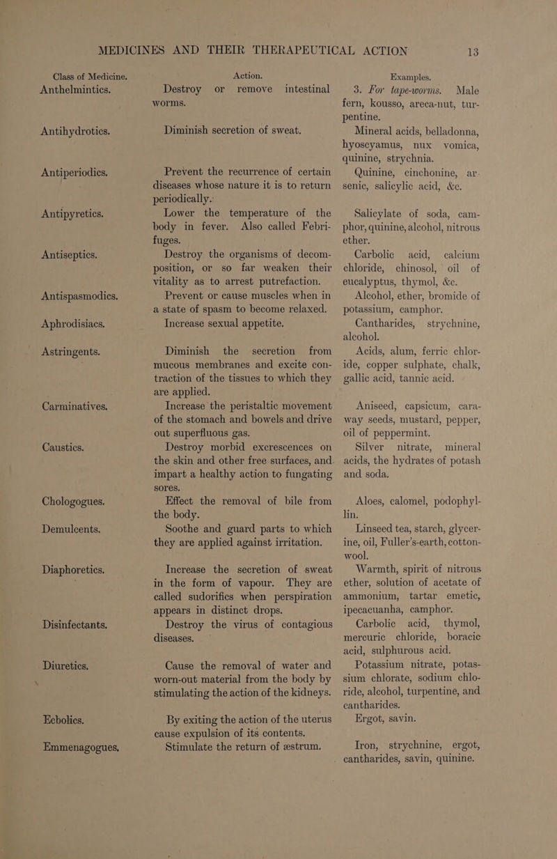Class of Medicine, Anthelmintics. Antihydrotics. Antiperiodics. Antipyretics. Antiseptics. Antispasmodics. Aphrodisiacs. Astringents. Carminatives. Caustics. Chologogues. Demulcents. Diaphoretics. Disinfectants. Diuretics. Echolies. Emmenagogues, Action. Destroy or remove intestinal worms. Diminish secretion of sweat. Prevent the recurrence of certain diseases whose nature it is to return periodically.: Lower the temperature of the body in fever. Also called Febri- fuges. Destroy the organisms of decom- position, or so far weaken their vitality as to arrest putrefaction. Prevent or cause muscles when in a state of spasm to become relaxed. Increase sexual appetite. Diminish the secretion from mucous membranes and excite con- traction of the tissues to which they are applied. Increase the peristaltic movement of the stomach and bowels and drive out superfluous gas. Destroy morbid excrescences on impart a healthy action to fungating sores. Effect the removal of bile from the body. Soothe and guard parts to which they are applied against irritation. Increase the secretion of sweat in the form of vapour. They are called sudorifics when perspiration appears in distinct drops. Destroy the virus of contagious diseases. Cause the removal of water and worn-out material from the body by stimulating the action of the kidneys. By exiting the action of the uterus cause expulsion of its contents. Stimulate the return of estrum. Examples. 3. For tape-worms. Male fern, kousso, areca-nut, tur- pentine. Mineral acids, belladonna, hyoscyamus, nux vomica, quinine, strychnia. Quinine, cinchonine, ar. senic, salicylic acid, &amp;e. Salicylate of soda, cam- phor, quinine, alcohol, nitrous ether. Carbolic acid, calcium chloride, chinosol, oil of eucalyptus, thymol, &amp;c. Alcohol, ether, bromide of potassium, camphor. Cantharides, strychnine, alcohol. Acids, alum, ferric chlor- ide, copper sulphate, chalk, gallic acid, tannic acid. Aniseed, capsicum, cara- way seeds, mustard, pepper, oil of peppermint. Silver nitrate, mineral acids, the hydrates of potash and soda. Aloes, calomel, podophyl- lin. Linseed tea, starch, glycer- ine, oil, Fuller’s-earth, cotton- wool. Warmth, spirit of nitrous ether, solution of acetate of ammonium, tartar emetic, ipecacuanha, camphor. Carbolic acid, thymol, mercuric chloride, boracic acid, sulphurous acid. Potassium nitrate, potas- sium chlorate, sodium chlo- ride, alcohol, turpentine, and cantharides. Ergot, savin. Iron, strychnine, ergot,
