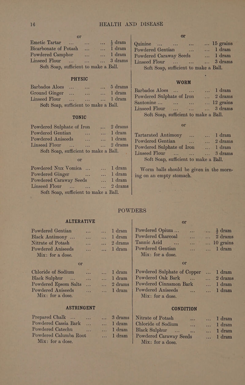 Emetic Tartar 4 dram Bicarbonate of Potash 1 dram Powdered Camphor 1 dram Linseed Flour 3 drams Soft Soap, sufficient a make: a Ball. PHYSIC Barbados Aloes 5 drams Ground Ginger 1 dram Linseed Flour 1 dram Soft Soap, sufficient f make a Ball. TONIC Powdered Sulphate of Iron 2 drams Powdered Gentian 1 dram Powdered Aniseeds 1 dram Linseed Flour 2 drams Soft Soap, sufficient 3 neces a Ball. i or Powdered Nux Vomica ... 1 dram Powdered Ginger aes 1 dram Powdered Caraway Seeds 1 dram Linseed Flour 2 drams Soft Soap, sufficient to make a Ball. POWDERS ALTERATIVE or Powdered Gentian 1 dram | Powdered Opium ... 4 dram Black Antimony ... 1 dram | Powdered Charcoal 2 drams Nitrate of Potash 2 drams | Tannic Acid . 10 grains Powdered Aniseeds 1 dram | Powdered Gentian 1 dram Mix: for a dose. Mix: for a dose. or or Chloride of Sodium 1 dram | Powdered Sulphate of Copper 1 dram Black Sulphur _.. 1 dram | Powdered Oak Bark 2 drams. Powdered Epsom Salts 2 drams | Powdered Cinnamon Bark 1 dram Powdered Aniseeds 1 dram | Powdered Aniseeds 1 dram Mix: for a dose. Mix: for a dose. ASTRINGENT CONDITION Prepared Chalk 3 drams | Nitrate of Potash 1 dram Powdered Cassia Bark 1 dram | Chloride of Sodium 1 dram Powdered Catechu ‘ 1 dram | Black Sulphur .. 1 dram Powdered Calumba Root: 1 dram | Powdered Caraway Becisd 1 dram Mix: for a dose. or Quinine . 15 grains Powdered Gentian 1 dram Powdered Caraway Seeds 1 dram Linseed Flour 3 drams Soft Soap, sufficient a make a Ball. WORM Barbados Aloes... 2 1 dram Powdered yen of fas 2 drams Santonine .. : . 12 grains Linseed Flour 3 drams Soft Soap, sufficient to make a Ball. or Tartarated Antimony 1 dram Powdered. Gentian 2 drams Powdered Sulphate of iron 1 dram Linseed Flour 3 drams Soft Soap, sufficient ie ae a Ball. Worm balls should be given in the morn- ing on an empty stomach. Mix: for a dose.
