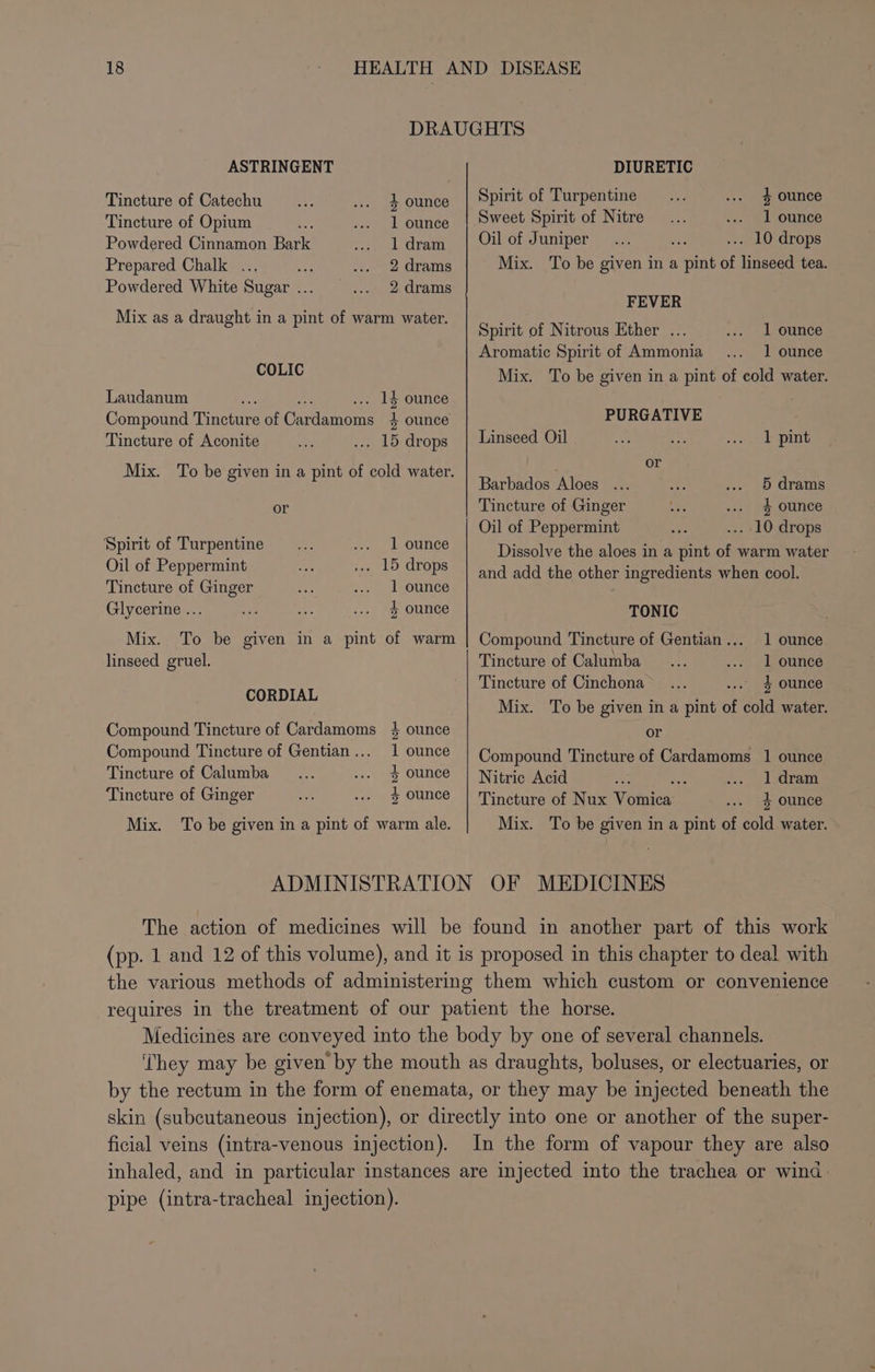 DRAUGHTS ASTRINGENT DIURETIC Tincture of Catechu _... ... 4 ounce Spirit of Turpentine... +. ounce Tincture of Opium . lL ounce 4 weet spirit of Nitro 7: ... 1 ounce Powdered Cinnamon Bark .. ldram | Oil of Juniper... ve ... 10 drops Prepared Chalk ... a ... 2 drams Mix. To be given in a pint of linseed tea. Powdered White Sugar ... ... 2 drams Mj q ae rape FEVER t ter. en ab Mie 2 tice Spirit of Nitrous Ether ... 0) | OMBCe Aromatic Spirit of Ammonia ... 1 ounce COLIC Mix. To be given in a pint of cold water. Laudanum oe o ... 14 ounce Compound Tincture of Cardamoms 4 ounce PURGATIVE Tincture of Aconite ae ... 15 drops | Linseed Oil ve vee . LT pint Mix. To be given in a pint of cold water. | 4 ‘s Segoe on teh, 20 Bathesiog ck lors ae Si , aD Oratis or Tincture of Ginger Ses ... % ounce Aree! ; Oil of Peppermint ses ... 10 drops Spirit of Turpentine... a Aes Dissolve the aloes in a pint of warm water Oil of Peppermint as +. 15 drops | and add the other ingredients when cool. Tincture of Ginger ee ... lL ounce Glycerine ... mee a ... § ounce TONIC Mix. To be given in a pint of warm | Compound Tincture of Gentian... 1 ounce linseed gruel. Tincture of Calumba __... ... 1 ounce CORDIAL isos: of fonene Us ert 4 ounce Mix. To be given in a pint of cold water. Compound Tincture of Cardamoms 4 ounce or Compound Tincture of Gentian... 1 ounce | Compound Tincture of Cardamoms 1 ounce Tincture of Calumba_... ~s&gt;) fe OUNCS “| NGL cea laser Tincture of Ginger ae . 2ounce | Tincture of Nux Vomica ... $ ounce Mix. To be given in a pint of warm ale. Mix. To be given in a pint of cold water. ADMINISTRATION OF MEDICINES The action of medicines will be found in another part of this work (pp. 1 and 12 of this volume), and it is proposed in this chapter to deal with the various methods of administering them which custom or convenience requires in the treatment of our patient the horse. Medicines are conveyed into the body by one of several channels. ‘They may be given by the mouth as draughts, boluses, or electuaries, or by the rectum in the form of enemata, or they may be injected beneath the skin (subcutaneous injection), or directly into one or another of the super- ficial veins (intra-venous injection). In the form of vapour they are also inhaled, and in particular instances are injected into the trachea or wind. pipe (intra-tracheal injection).