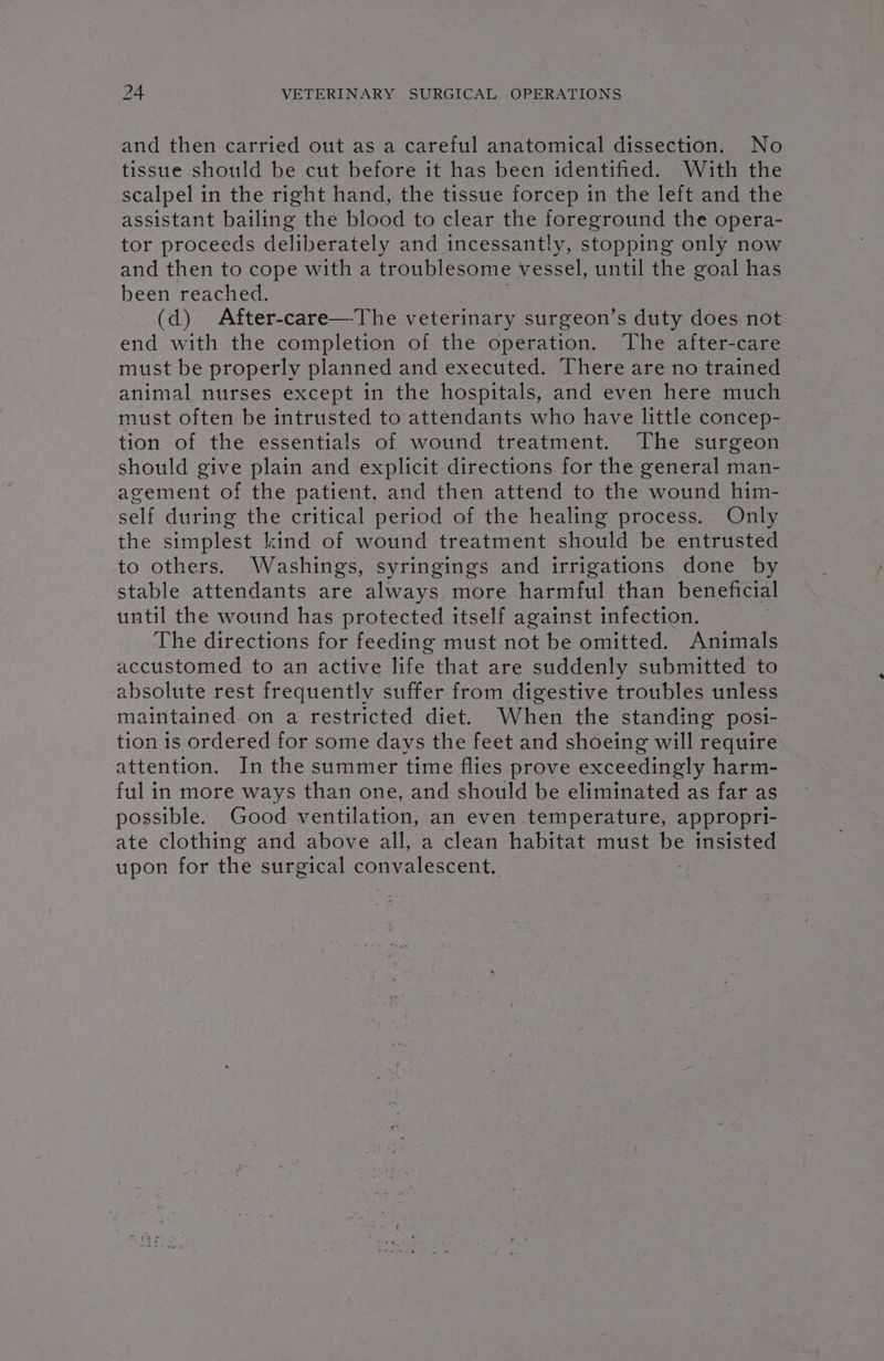 and then carried out as a careful anatomical dissection. No tissue should be cut before it has been identified. With the scalpel in the right hand, the tissue forcep in the left and the assistant bailing the blood to clear the foreground the opera- tor proceeds deliberately and incessantly, stopping only now and then to cope with a troublesome vessel, until the goal has been reached. ark (d) After-care—The veterinary surgeon’s duty does not end with the completion of.the operation. ‘The after-care must be properly planned and executed. There are no trained — animal nurses except in the hospitals, and even here much must often be intrusted to attendants who have little concep- tion of the essentials of wound treatment. The surgeon should give plain and explicit directions for the general man- agement of the patient, and then attend to the wound him- self during the critical period of the healing process. Only the simplest kind of wound treatment should be entrusted to others. Washings, syringings and irrigations done by stable attendants are always more harmful than beneficial until the wound has protected itself against infection. The directions for feeding must not be omitted. Animals accustomed to an active life that are suddenly submitted to absolute rest frequently suffer from digestive troubles unless maintained.on a restricted diet. When the standing posi- tion is ordered for some days the feet and shoeing will require attention. In the summer time flies prove exceedingly harm- ful in more ways than one, and should be eliminated as far as possible. Good ventilation, an even temperature, appropri- ate clothing and above all, a clean habitat must be insisted upon for the surgical convalescent.
