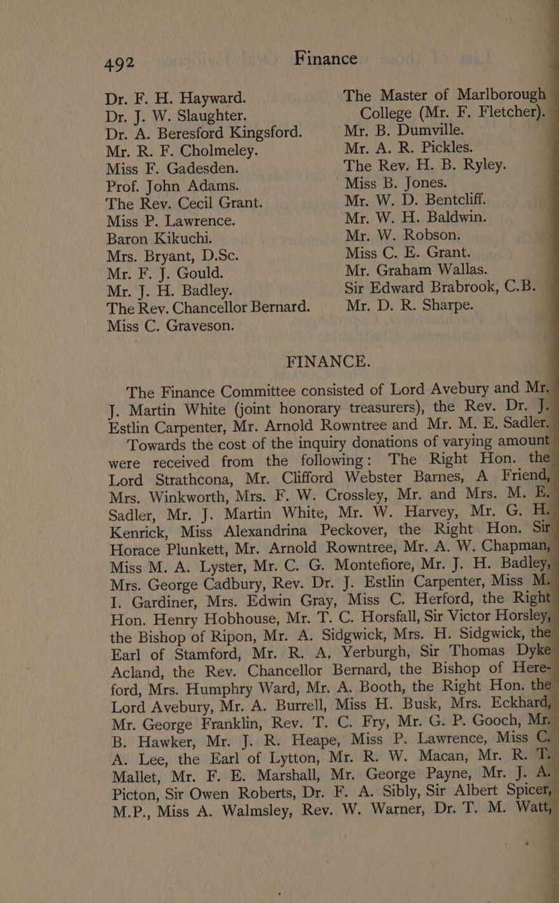 Dr. F. H. Hayward. The Master of Marlborough Dr. J. W. Slaughter. College (Mr. F. Fletcher). — Dr. A. Beresford Kingsford. Mr. B. Dumville. 4g Mr. R. F. Cholmeley. Mr. A. R. Pickles. Miss F. Gadesden. The Rev. H. B. Ryley. Prof. John Adams. Miss B. Jones. The Rev. Cecil Grant. Mr. W. D. Bentcliff. Miss P. Lawrence. Mr. W. H. Baldwin. Baron Kikuchi. Mr. W. Robson. Mrs. Bryant, D.Sc. Miss C. E. Grant. Mr. F. J. Gould. Mr. Graham Wallas. q Mr. J. H. Badley. Sir Edward Brabrook, C.B. — The Rev. Chancellor Bernard. Mr. D. R. Sharpe. Miss C. Graveson. FINANCE. The Finance Committee consisted of Lord Avebury and Mr, J. Martin White (joint honorary treasurers), the Rev. Dr. Ja Estlin Carpenter, Mr. Arnold Rowntree and Mr. M. E, Sadler. Towards the cost of the inquiry donations of varying amount” were received from the following: The Right Hon. the™ Lord Strathcona, Mr. Clifford Webster Barnes, A Friend, © Mrs. Winkworth, Mrs. F. W. Crossley, Mr. and Mrs. M. EK.) Sadler, Mr. J. Martin White, Mr. W. Harvey, Mr. G. H. Kenrick, Miss Alexandrina Peckover, the Right Hon, Sir Horace Plunkett, Mr. Arnold Rowntree, Mr, A. W. Chapmat t Miss M. A. Lyster, Mr. C. G. Montefiore, Mr. J. H. Badley, Mrs. George Cadbury, Rev. Dr. J. Estlin Carpenter, Miss M.- I. Gardiner, Mrs. Edwin Gray, Miss C. Herford, the Right Hon. Henry Hobhouse, Mr. T. C. Horsfall, Sir Victor Horsley, © the Bishop of Ripon, Mr. A. Sidgwick, Mrs. H. Sidgwick, the Earl of Stamford, Mr. R. A, Yerburgh, Sir Thomas Dyke™ Acland, the Rev. Chancellor Bernard, the Bishop of Here- ford, Mrs. Humphry Ward, Mr. A. Booth, the Right Hon. the | Lord Avebury, Mr. A. Burrell, Miss H. Busk, Mrs. Eckhard, Mr. George Franklin, Rev. T. C. Fry, Mr. G. P. Gooch, Mr B. Hawker, Mr. J. R. Heape, Miss P. Lawrence, Miss C. A. Lee, the Earl of Lytton, Mr. R. W. Macan, Mr, Rite Mallet, Mr. F. E. Marshall, Mr. George Payne, Mr. J. A. Picton, Sir Owen Roberts, Dr. F. A. Sibly, Sir Albert Spicer, M.P., Miss A. Walmsley, Rev. W. Warner, Dri TM 7 ‘ tx 7 < . ri