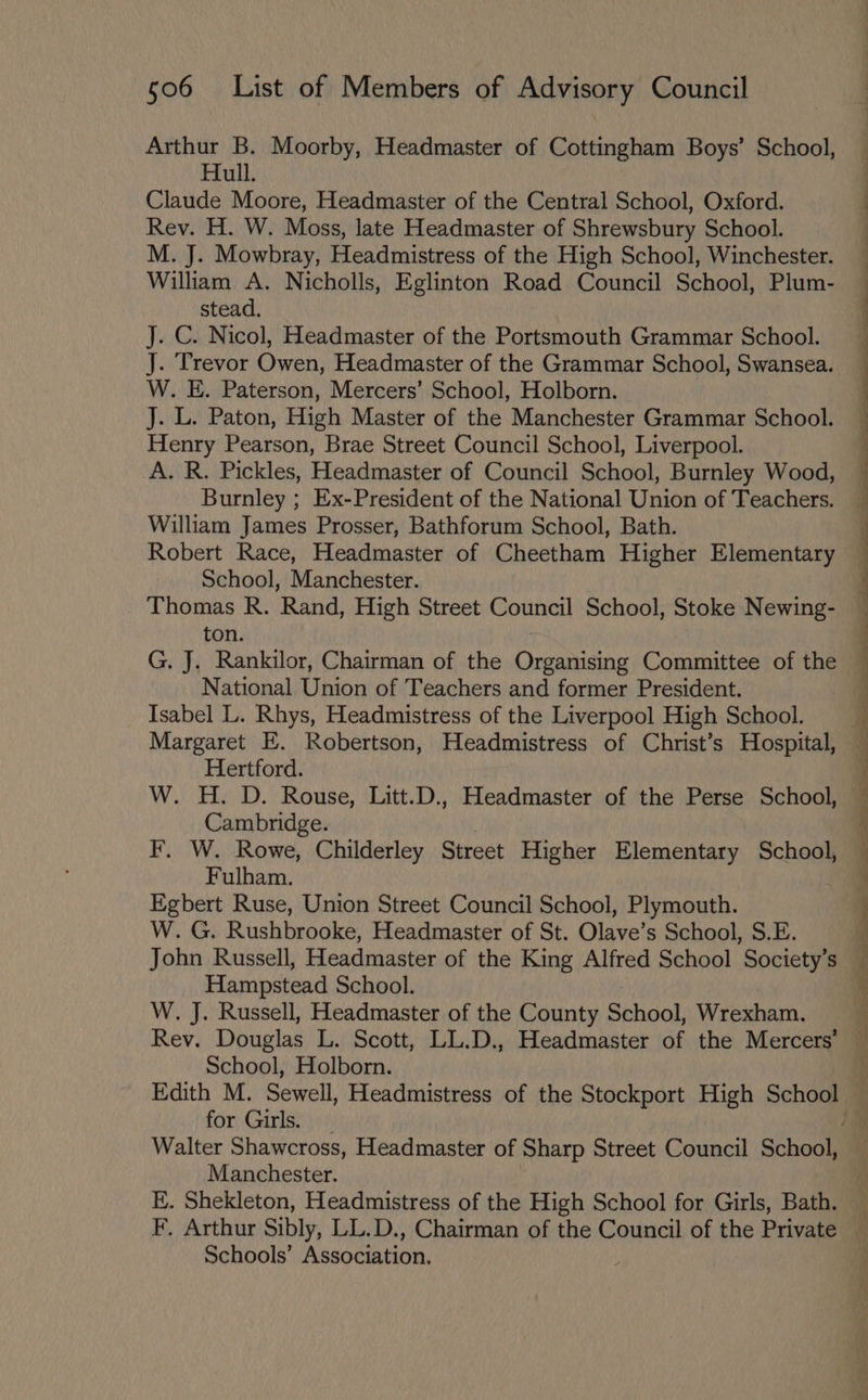 Arthur B. Moorby, Headmaster of Cottingham Boys’ School, Hull. Claude Moore, Headmaster of the Central School, Oxford. Rev. H. W. Moss, late Headmaster of Shrewsbury School. M. J. Mowbray, Headmistress of the High School, Winchester. William A. Nicholls, Eglinton Road Council School, Plum- stead. J. C. Nicol, Headmaster of the Portsmouth Grammar School. J. Trevor Owen, Headmaster of the Grammar School, Swansea. W. E. Paterson, Mercers’ School, Holborn. J. L. Paton, High Master of the Manchester Grammar School. Henry Pearson, Brae Street Council School, Liverpool. A. R. Pickles, Headmaster of Council School, Burnley Wood, Burnley ; Ex-President of the National Union of Teachers. William James Prosser, Bathforum School, Bath. Robert Race, Headmaster of Cheetham Higher Elementary School, Manchester. Thomas R. Rand, High Street Council School, Stoke Newing- ton. } G. J. Rankilor, Chairman of the Organising Committee of the — National Union of Teachers and former President. Isabel L. Rhys, Headmistress of the Liverpool High School. Margaret E. Robertson, Headmistress of Christ’s Hospital, Hertford. W. H. D. Rouse, Litt.D., Headmaster of the Perse School, Cambridge. F. W. Rowe, Childerley Street Higher Elementary School, Fulham. Egbert Ruse, Union Street Council School, Plymouth. W. G. Rushbrooke, Headmaster of St. Olave’s School, S.E. John Russell, Headmaster of the King Alfred School Society’s Hampstead School. W. J. Russell, Headmaster of the County Sihiiol: Wrexham. Rev. Douglas L. Scott, LL.D., Headmaster of the Mercers’ School, Holborn. i Edith M. Sewell, Headmistress of the Stockport High School — for Girls. | ii Walter Shawcross, Headmaster of Sharp Street Council School, Manchester. E. Shekleton, Headmistress of the High School for Girls, Bath. F, Arthur Sibly, LL.D., Chairman of the Council of the Private Schools’ Association.