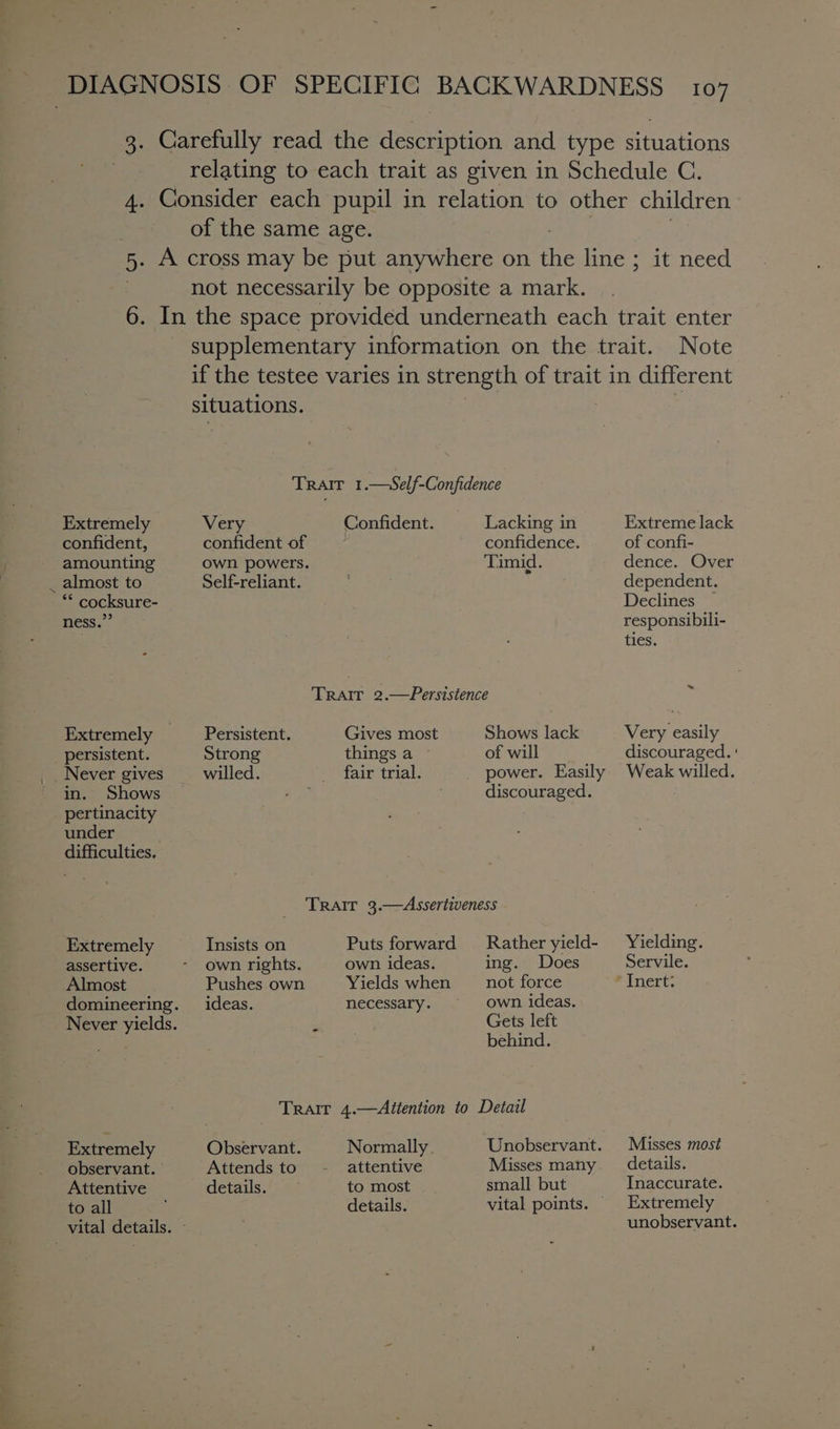 eee, Extremely confident, amounting ** cocksure- ness.”” Extremely — persistent. in. Shows pertinacity under Extremely assertive. Almost Extremely observant. Attentive to all it need Note situations. Very Self-reliant. Persistent. Strong willed. Insists on own rights. Pushes own ideas. Lacking in confidence. Timid. Confident. Trair 2.—Persistence Gives most Shows lack things a © of will fair trial. power. Easily discouraged. TRAIT 3.—Assertiveness Puts forward __ Rather yield- own ideas. ing. Does Yields when not force necessary. own ideas. i! Gets left behind. Observant. Attends to details. Normally. Unobservant. attentive Misses many to most small but details. vital points. Extreme lack of confi- dence. Over dependent. Declines responsibili- ties. Very easily discouraged. ' Weak willed. Yielding. Servile. Misses most details. Inaccurate. Extremely unobservant.