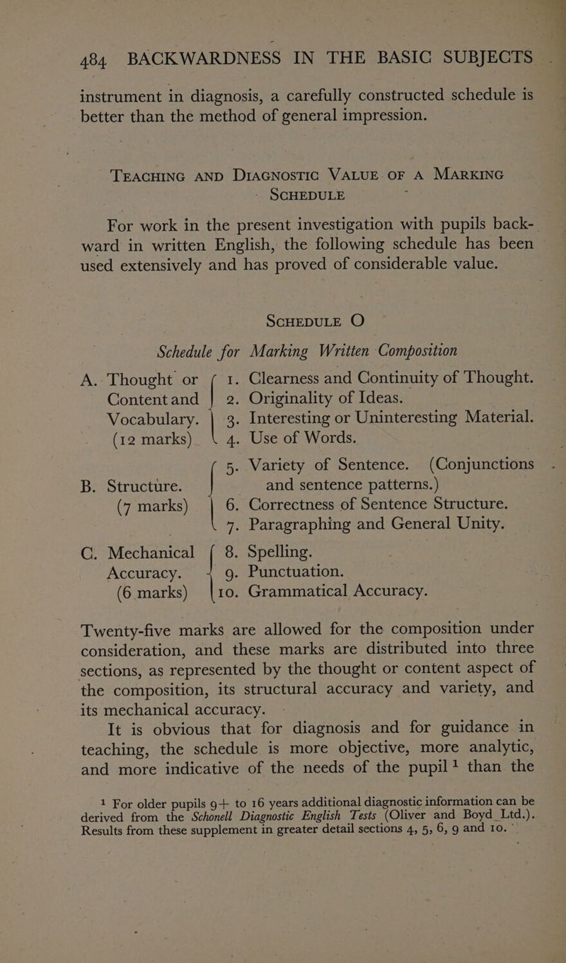 instrument in diagnosis, a carefully constructed schedule is better than the method of general impression. TEACHING AND DIAGNOSTIC VALUE. OF A MARKING SCHEDULE : ward in written English, the following schedule has been used extensively and has proved of considerable value. SCHEDULE O Schedule for Marking Written Composition A. Thought or / 1. Clearness and Continuity of Thought. Content and les Originality of Ideas. Le or Uninteresting Material. . Use of Words. 5 es of Sentence. (Conjunctions and sentence patterns.) 6. Correctness of Sentence Structure. 7. Paragraphing and General Unity. Vocabulary. (12 marks) (7 marks) B. Structure. | C. Aceh 8. Spelling. Accuracy. 4 9g. Punctuation. (6 marks) |10. Grammatical Accuracy. Twenty-five marks are allowed for the composition under consideration, and these marks are distributed into three sections, as represented by the thought or content aspect of the composition, its structural accuracy and variety, and its mechanical accuracy. It is obvious that for diagnosis and for guidance in teaching, the schedule is more objective, more analytic, and more indicative of the needs of the pupil? than the 1 For older pupils 9+ to 45 years additional diagnostic information can be derived from the Schonell Diagnostic English Tests (Oliver and Boyd_ Ltd. os a ot al 7 |