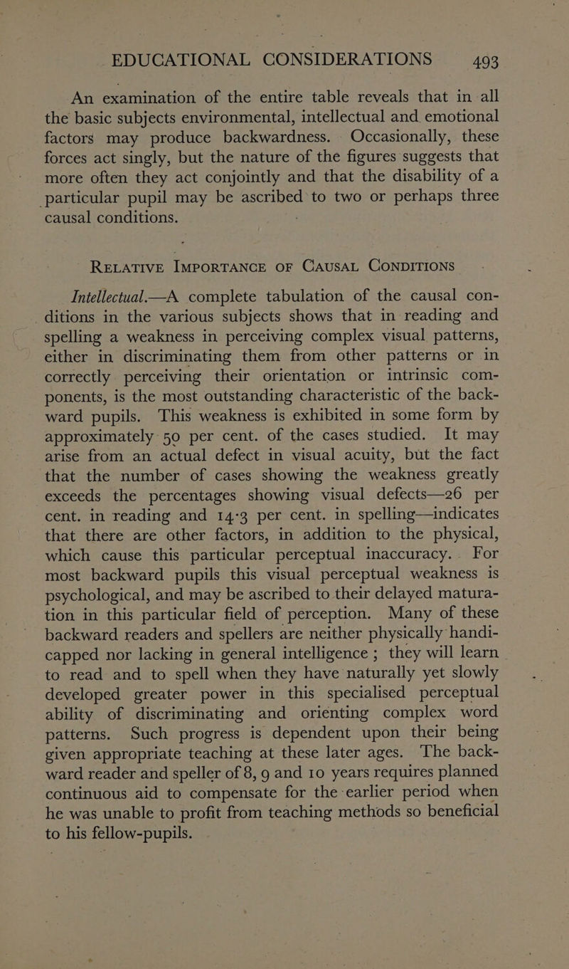 An examination of the entire table reveals that in all the basic subjects environmental, intellectual and emotional factors may produce backwardness. Occasionally, these forces act singly, but the nature of the figures suggests that more often they act conjointly and that the disability of a particular pupil may be ascribed to two or perhaps three causal conditions. RELATIVE IMPORTANCE OF CAUSAL CONDITIONS Intellectual—A complete tabulation of the causal con- ditions in the various subjects shows that in reading and spelling a weakness in perceiving complex visual patterns, either in discriminating them from other patterns or in correctly perceiving their orientation or intrinsic com- ponents, is the most outstanding characteristic of the back- ward pupils. This weakness is exhibited in some form by approximately 50 per cent. of the cases studied. It may arise from an actual defect in visual acuity, but the fact that the number of cases showing the weakness greatly exceeds the percentages showing visual defects—26 per cent. in reading and 14:3 per cent. in spelling—indicates that there are other factors, in addition to the physical, which cause this particular perceptual inaccuracy. For most backward pupils this visual perceptual weakness is psychological, and may be ascribed to their delayed matura- tion in this particular field of perception. Many of these backward readers and spellers are neither physically handi- capped nor lacking in general intelligence ; they will learn | to read and to spell when they have naturally yet slowly developed greater power in this specialised perceptual ability of discriminating and orienting complex word patterns. Such progress is dependent upon their being given appropriate teaching at these later ages. The back- ward reader and speller of 8, 9 and 10 years requires planned continuous aid to compensate for the earlier period when he was unable to profit from teaching methods so beneficial to his fellow-pupils.