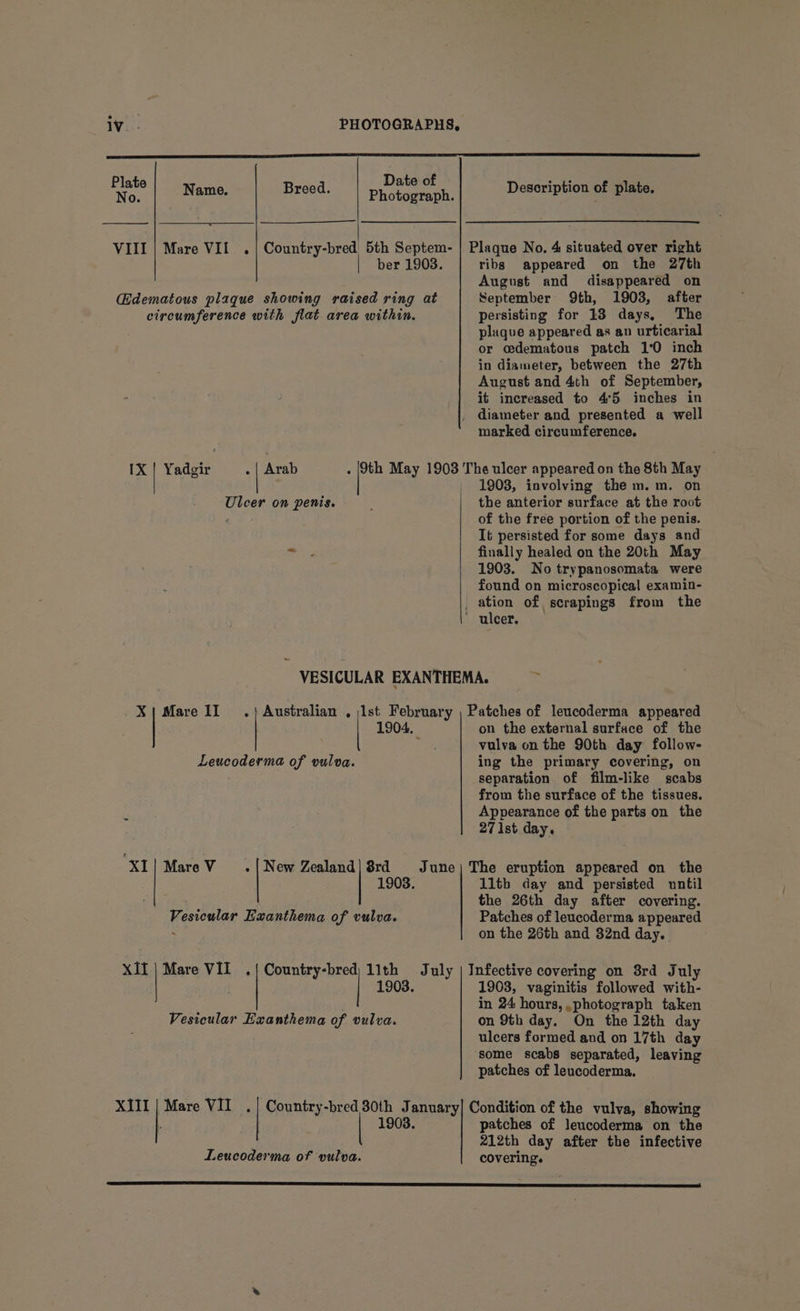 Date of aoe Name. Breed. Photostabh: Description of plate. VIII | Mare VII .| Country-bred 5th Septem- | Plaque No. 4&amp; situated over right | ber 1903. ribs appeared on the 27th August and disappeared on Cdematous plaque showing raised ring at September’ 9th, 1903, after circumference with flat area within. persisting for 13 days, The plaque appeared as an urticarial or cedematous patch 1°0 inch in diameter, between the 27th August and 4th of September, it increased to 4°5 inches in _ diameter and presented a well marked circumference. IX | Yadgir .| Arab . (9th May 1903 The ulcer appeared on the 8th May _ 1908, involving the m. m. on Ulcer on penis. ' the anterior surface at the root of the free portion of the penis. It persisted for some days and atte finally healed on the 20th May 1903. No trypanosomata were found on microscopical examin- _ ation of scrapings from the ' ulcer. VESICULAR EXANTHEMA. . Mare II .} Australian , lst February , Patches of leucoderma appeared on the external surface of the vulva on the 90th day follow- Leucoderma of vulva. ing the primary covering, on separation of film-like scabs from the surface of the tissues. Appearance of the parts on the 27 1st day. ‘XI| MareV «|New Zealand| 8rd June) The eruption appeared on the 1908. lltb day and persisted until the 26th day after covering. Vesicular Exanthema of vulva. Patches of leucoderma appeared . on the 26th and 32nd day. XII | Mare VII .{ Country-bred) 11th July | Infective covering on 8rd July 1903. 1903, vaginitis followed with- in 24 hours,.photograph taken Vesicular Exanthema of vulva. on 9th day. On the 12th day ulcers formed and on 17th day some scabs separated, leaving patches of leucoderma, XIII | Mare VII Country-bred 30th January| Condition of the vulva, showing 1903 patches of leucoderma on the 212th day after the infective Leucoderma of vulva. covering. SS DR ST EZ SA