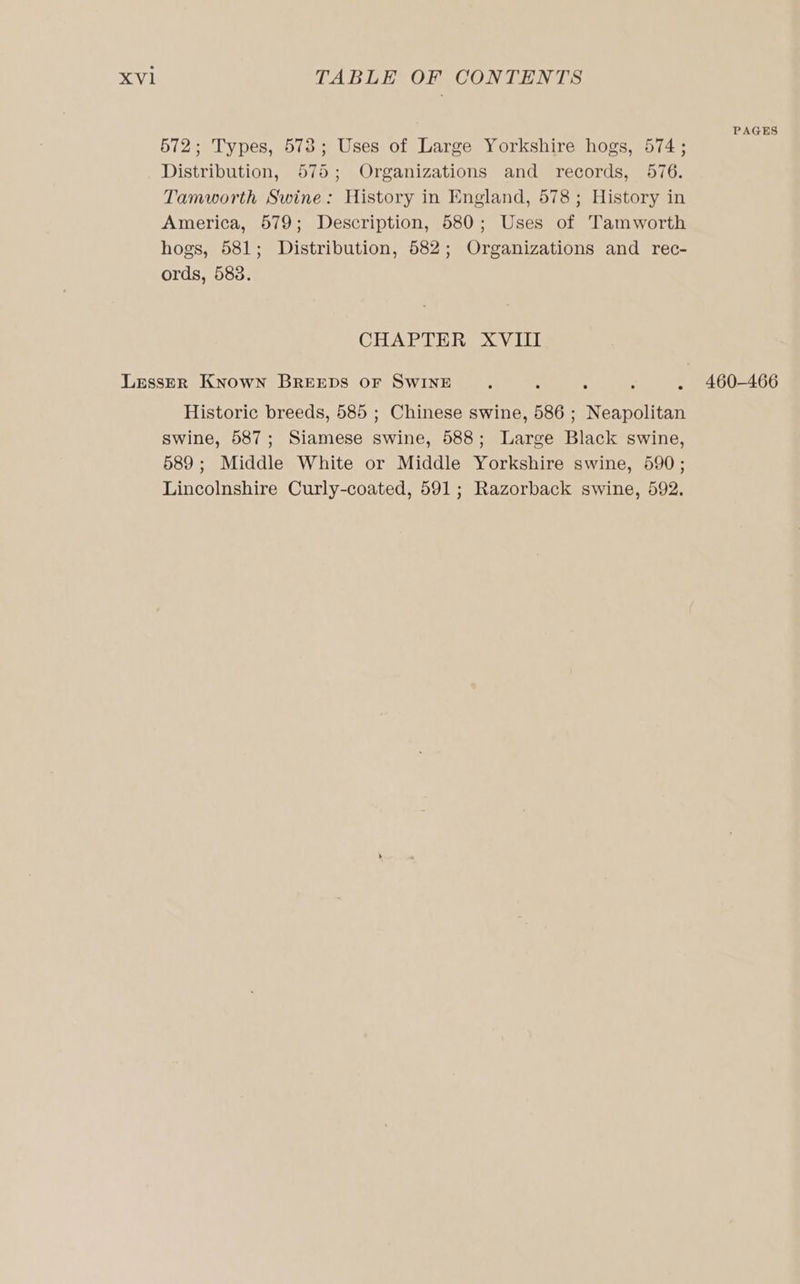 PAGES 572; Types, 573; Uses of Large Yorkshire hogs, 574; Distribution, 575; Organizations and records, 576. Tamworth Swine: History in England, 578; History in America, 579; Description, 580; Uses of Tamworth hogs, 581; Distribution, 582; Organizations and rec- ords, 583. CHAPTER XVIII LesseER Known BREEDS OF SWINE : . 460-466 Historic breeds, 585 ; Chinese swine, 586 ; Neapolitan swine, 587; Siamese swine, 588; Large Black swine, 589; Middle White or Middle Yorkshire swine, 590; Lincolnshire Curly-coated, 591; Razorback swine, 592.