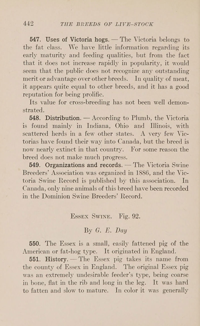547. Uses of Victoria hogs. — The Victoria belongs to the fat class. We have little information regarding its early maturity and feeding qualities, but from the fact that it does not increase rapidly in popularity, it would seem that the public does not recognize any outstanding merit or advantage over other breeds. In quality of meat, it appears quite equal to other breeds, and it has a good reputation for being prolific. Its value for cross-breeding has not been well demon- strated. 548. Distribution. — According to Plumb, the Victoria is found mainly in Indiana, Ohio and _ Illinois, with scattered herds in a few other states. A very few Vic- torias have found their way into Canada, but the breed is now nearly extinct in that country. For some reason the breed does not make much progress. 549. Organizations and records. — The Victoria Swine Breeders’ Association was organized in 1886, and the Vic- toria Swine Record is published by this association. In Canada, only nine animals of this breed have been recorded in the Dominion Swine Breeders’ Record. Essex Swine. Fig. 92. Dye Geeta ay 550. The Essex is a small, easily fattened pig of the American or fat-hog type. It originated in England. 551. History. — The Essex pig takes its name from the county of Essex in England. ‘The original Essex pig was an extremely undesirable feeder’s type, being coarse in bone, flat in the rib and long in the leg. It was hard to fatten and slow to mature. In color it was generally