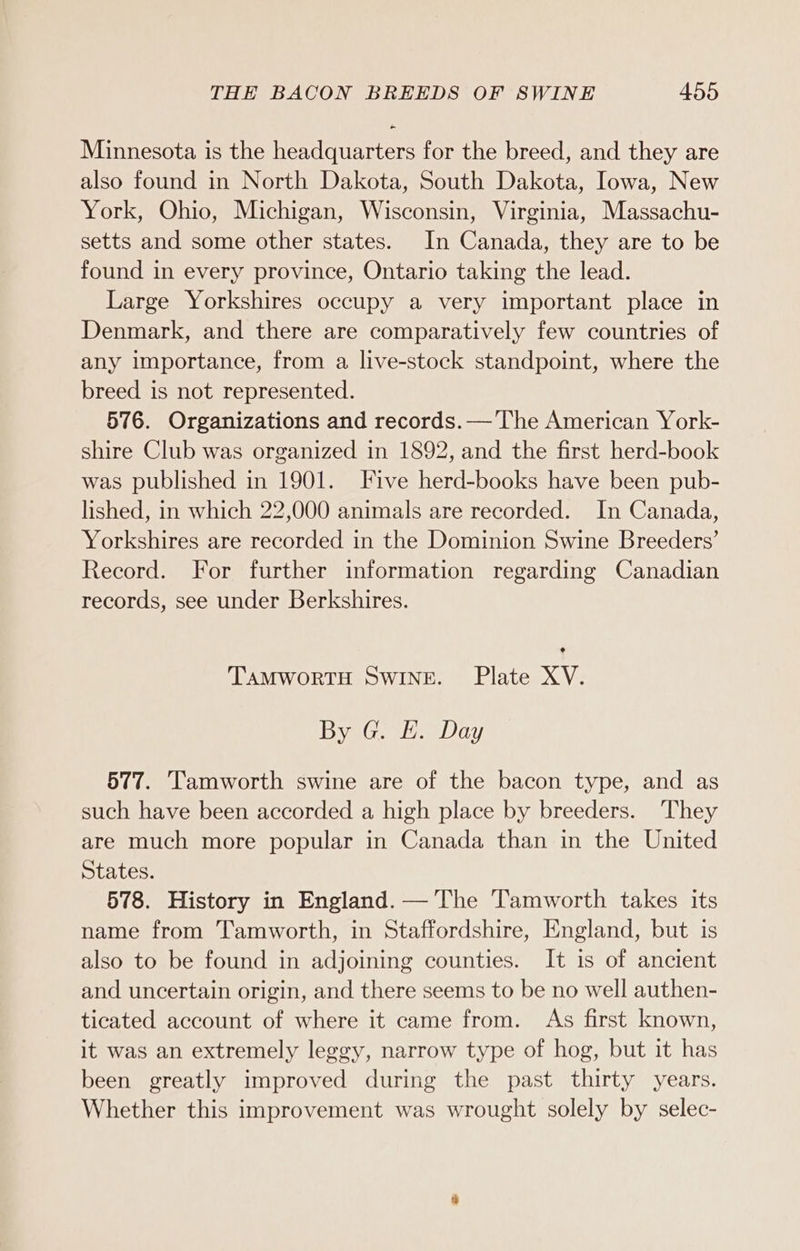 Minnesota is the headquarters for the breed, and they are also found in North Dakota, South Dakota, Iowa, New York, Ohio, Michigan, Wisconsin, Virginia, Massachu- setts and some other states. In Canada, they are to be found in every province, Ontario taking the lead. Large Yorkshires occupy a very important place in Denmark, and there are comparatively few countries of any importance, from a live-stock standpoint, where the breed is not represented. 576. Organizations and records. — The American York- shire Club was organized in 1892, and the first herd-book was published in 1901. Five herd-books have been pub- lished, in which 22,000 animals are recorded. In Canada, Yorkshires are recorded in the Dominion Swine Breeders’ Record. For further information regarding Canadian records, see under Berkshires. TAMWORTH SwINE. Plate XV. ByaG. a. Day 577. Tamworth swine are of the bacon type, and as such have been accorded a high place by breeders. ‘They are much more popular in Canada than in the United States. 578. History in England. —'The Tamworth takes its name from Tamworth, in Staffordshire, England, but is also to be found in adjoining counties. It is of ancient and uncertain origin, and there seems to be no well authen- ticated account of where it came from. As first known, it was an extremely leggy, narrow type of hog, but it has been greatly improved during the past thirty years. Whether this improvement was wrought solely by selec-