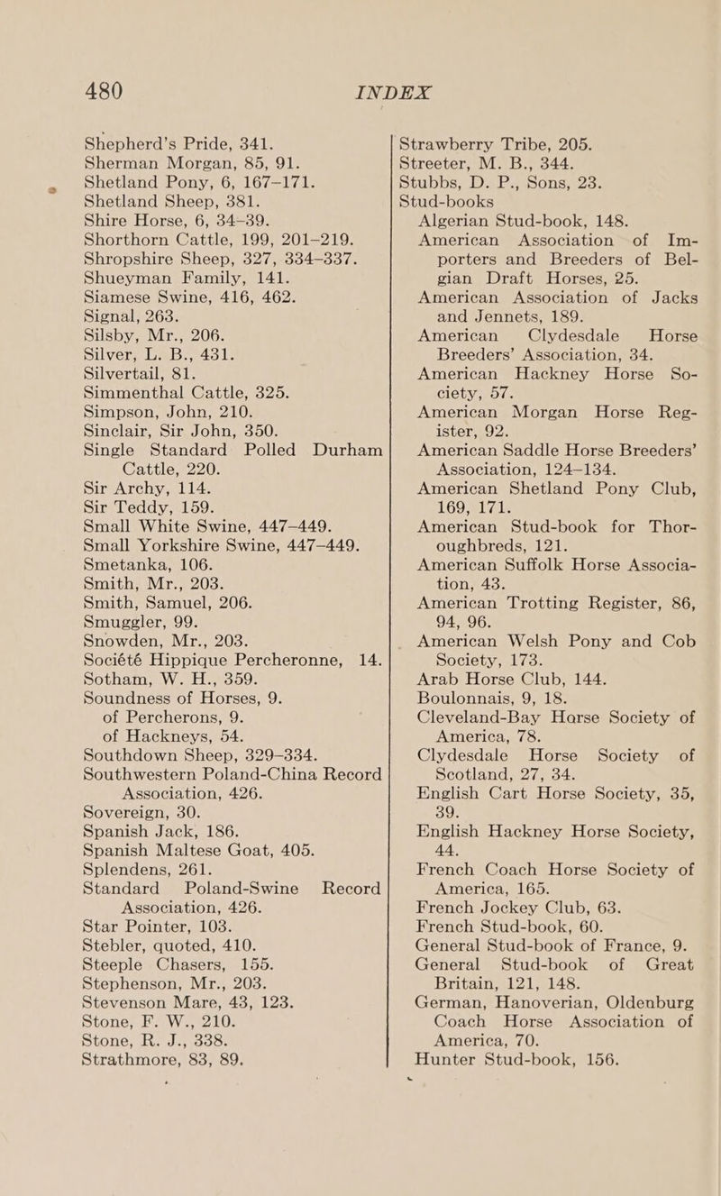 Shepherd’s Pride, 341. Sherman Morgan, 85, 91. Shetland Pony, 6, 167-171. Shetland Sheep, 381. Shire Horse, 6, 34-39. Shorthorn Cattle, 199, 201-219. Shropshire Sheep, 327, 334-337. Shueyman Family, 141. Siamese Swine, 416, 462. Signal, 263. Silsby, Mr., 206. Silver, L. B., 431. Silvertail, 81. Simmenthal Cattle, 325. Simpson, John, 210. Sinclair, Sir John, 350. Single Standard Polled Durham Cattle, 220. Sir Archy, 114. Sir Teddy, 159. Small White Swine, 447-449. Small Yorkshire Swine, 447-449. Smetanka, 106. Smith, Mr., 203. Smith, Samuel, 206. Smuggler, 99. Snowden, Mr., 203. Société Hippique Percheronne, Sotham, W. H., 359. Soundness of Horses, 9. of Percherons, 9. of Hackneys, 54. Southdown Sheep, 329-334. Southwestern Poland-China Record Association, 426. Sovereign, 30. Spanish Jack, 186. Spanish Maltese Goat, 405. Splendens, 261. Standard Poland-Swine Association, 426. Star Pointer, 103. Stebler, quoted, 410. Steeple Chasers, 155. Stephenson, Mr., 203. Stevenson Mare, 43, 123. Stone, F. W., 210. Stone, he du ook Strathmore, 83, 89. 14. Record . Algerian Stud-book, 148. American Association of Im- porters and Breeders of Bel- gian Draft Horses, 25. American Association of Jacks and Jennets, 189. American Clydesdale Horse Breeders’ Association, 34. American Hackney Horse So- ciety, 57. American Morgan Horse Reg- ister, 92. American Saddle Horse Breeders’ Association, 124-134. American Shetland Pony Club, 169, 171. American Stud-book for Thor- oughbreds, 121. American Suffolk Horse Associa- tion, 43. American Trotting Register, 86, 94, 96. American Welsh Pony and Cob Society, 173. Arab Horse Club, 144. Boulonnais, 9, 18. Cleveland-Bay Harse Society of America, 78. Clydesdale Horse Scotland, 27, 34. English Cart Horse Society, 35, 39. English Hackney Horse Society, 44, French Coach Horse Society of America, 165. French Jockey Club, 63. French Stud-book, 60. General Stud-book of France, 9. General Stud-book of Great Britain, 121, 148. German, Hanoverian, Oldenburg Coach Horse Association of America, 70. Hunter Stud-book, 156. Society of