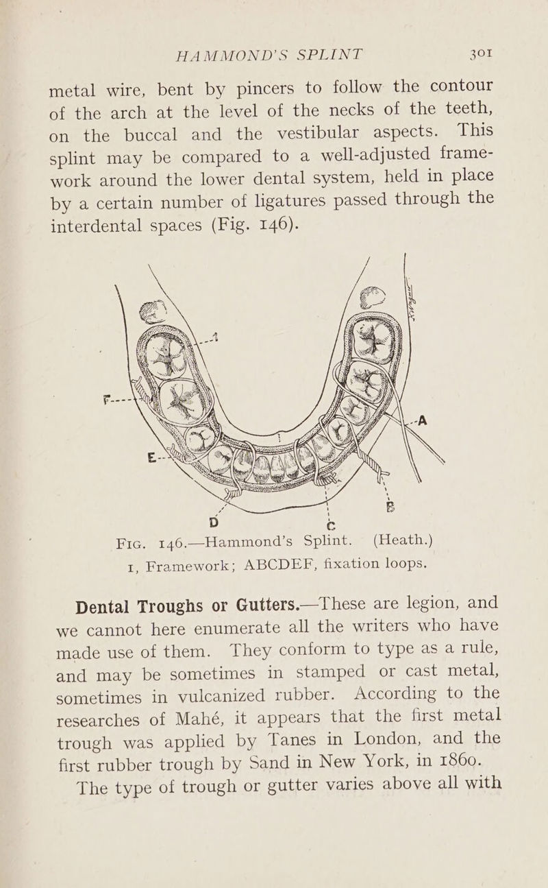 metal wire, bent by pincers to follow the contour of the arch at the level of the necks of the teeth, on the buccal and the vestibular aspects. This splint may be compared to a well-adjusted frame- work around the lower dental system, held in place by a certain number of ligatures passed through the interdental spaces (Fig. 146). Dental Troughs or Gutters.—These are legion, and we cannot here enumerate all the writers who have made use of them. They conform to type as a rule, and may be sometimes in stamped or cast metal, sometimes in vulcanized rubber. According to the researches of Mahé, it appears that the first metal trough was applied by Tanes in London, and the first rubber trough by Sand in New York, in 1860. The type of trough or gutter varies above all with