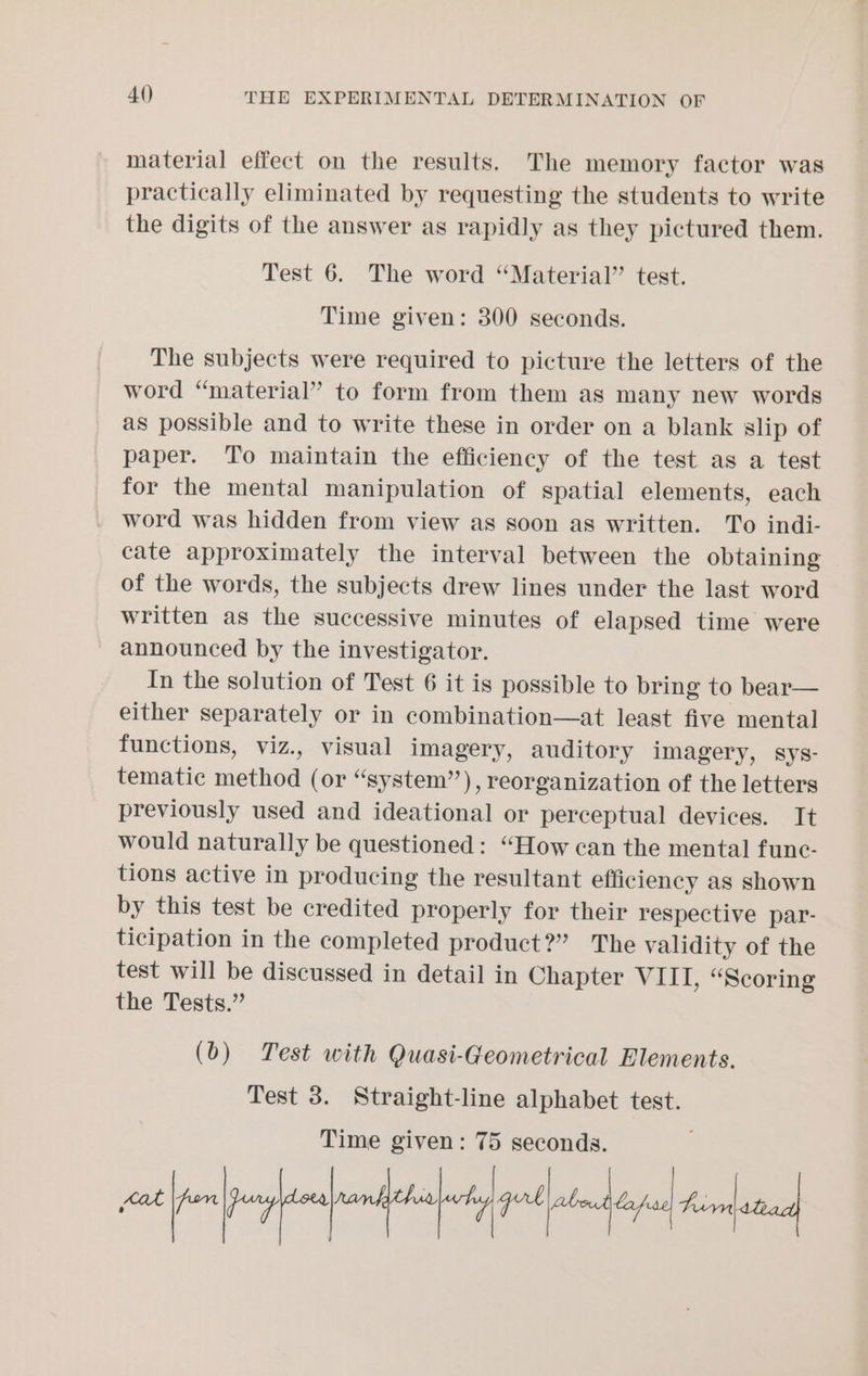 material effect on the results. The memory factor was practically eliminated by requesting the students to write the digits of the answer as rapidly as they pictured them. Test 6. The word “Material” test. Time given: 300 seconds. The subjects were required to picture the letters of the word “material” to form from them as many new words as possible and to write these in order on a blank slip of paper. To maintain the efficiency of the test as a test for the mental manipulation of spatial elements, each word was hidden from view as soon as written. To indi- cate approximately the interval between the obtaining of the words, the subjects drew lines under the last word written as the successive minutes of elapsed time were announced by the investigator. In the solution of Test 6 it is possible to bring to bear— either separately or in combination—at least five mental functions, viz., visual imagery, auditory imagery, sys- tematic method (or “system”), reorganization of the letters previously used and ideational or perceptual devices. It would naturally be questioned: “How can the mental func- tions active in producing the resultant efficiency as shown by this test be credited properly for their respective par- ticipation in the completed product?” The validity of the test will be discussed in detail in Chapter V ITI, “Scoring the Tests.” (b) Test with Quasi-Geometrical Elements. Test 3. Straight-line alphabet test. Time given: 75 seconds. fat fon plinth ga agli