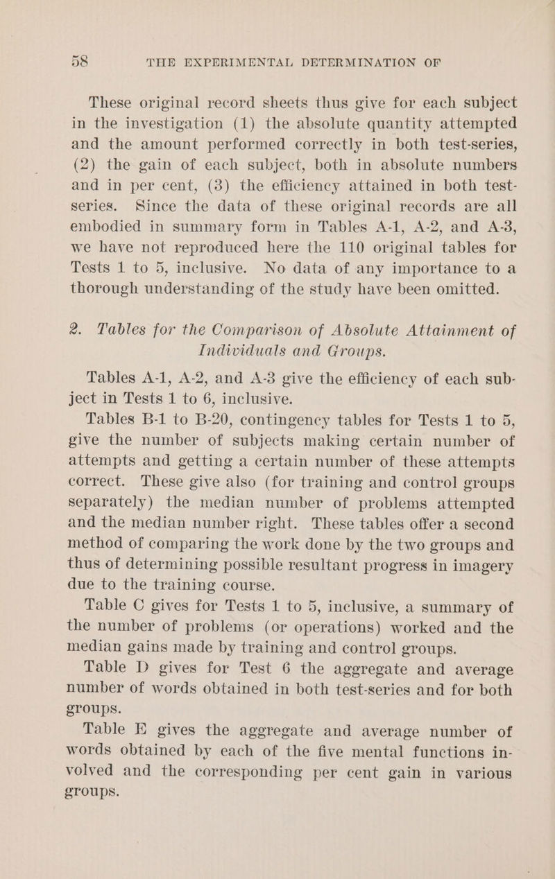 These original record sheets thus give for each subject in the investigation (1) the absolute quantity attempted and the amount performed correctly in both test-series, (2) the gain of each subject, both in absolute numbers and in per cent, (3) the efficiency attained in both test- series. Since the data of these original records are all embodied in summary form in Tables A-1, A-2, and A-3, we have not reproduced here the 110 original tables for Tests 1 to 5, inclusive. No data of any importance to a thorough understanding of the study have been omitted. 2. Tables for the Comparison of Absolute Attainment of Individuals and Groups. Tables A-1, A-2, and A-3 give the efficiency of each sub- ject in Tests 1 to 6, inclusive. Tables B-1 to B-20, contingency tables for Tests 1 to 5, give the number of subjects making certain number of attempts and getting a certain number of these attempts correct. These give also (for training and control groups separately) the median number of problems attempted and the median number right. These tables offer a second method of comparing the work done by the two groups and thus of determining possible resultant progress in imagery due to the training course. Table C gives for Tests 1 to 5, inclusive, a summary of the number of problems (or operations) worked and the median gains made by training and control groups. Table D gives for Test 6 the aggregate and average number of words obtained in both test-series and for both groups. Table E gives the aggregate and average number of words obtained by each of the five mental functions in- volved and the corresponding per cent gain in various groups.