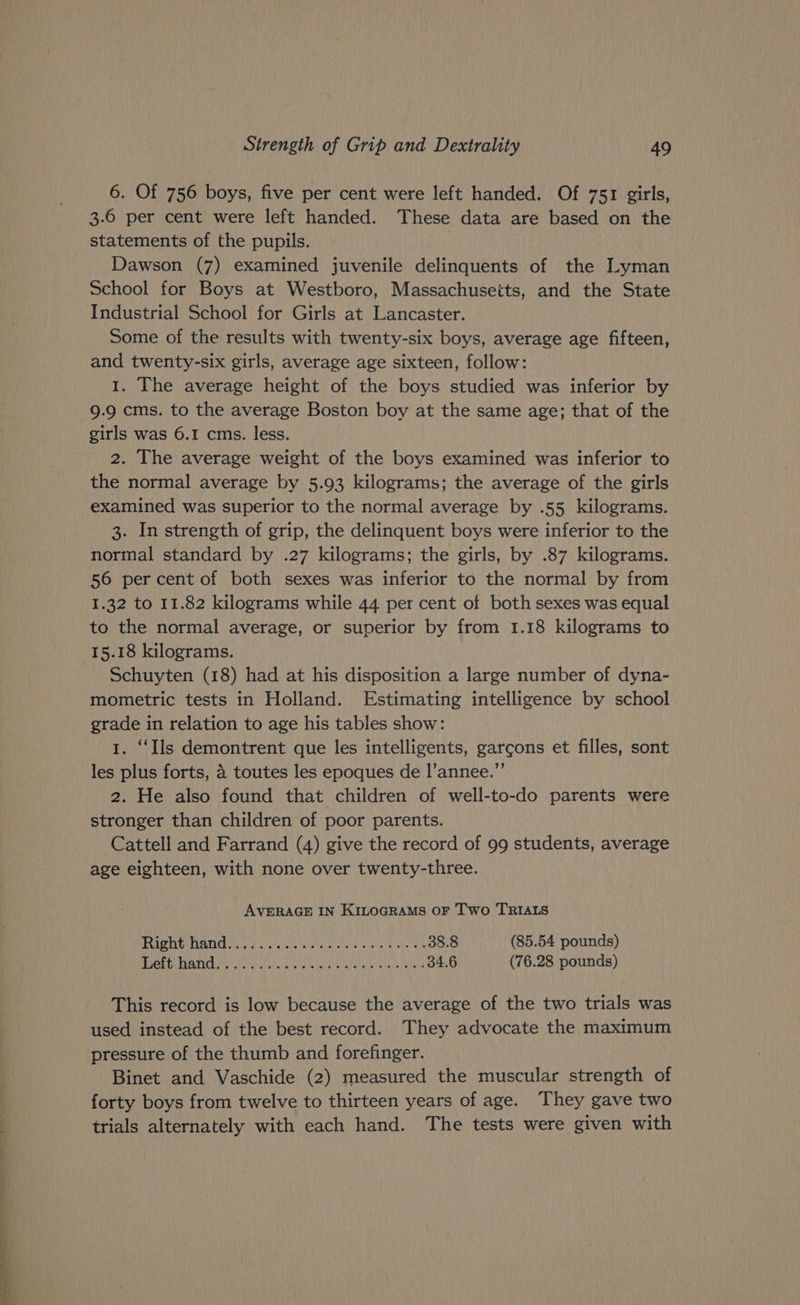 6. Of 756 boys, five per cent were left handed. Of 751 girls, 3.6 per cent were left handed. These data are based on the statements of the pupils. | Dawson (7) examined juvenile delinquents of the Lyman School for Boys at Westboro, Massachusetts, and the State Industrial School for Girls at Lancaster. Some of the results with twenty-six boys, average age fifteen, and twenty-six girls, average age sixteen, follow: 1. The average height of the boys studied was inferior by 9.9 cms. to the average Boston boy at the same age; that of the girls was 6.1 cms. less. 2. The average weight of the boys examined was inferior to the normal average by 5.93 kilograms; the average of the girls examined was superior to the normal average by .55 kilograms. 3. In strength of grip, the delinquent boys were inferior to the normal standard by .27 kilograms; the girls, by .87 kilograms. 56 per cent of both sexes was inferior to the normal by from 1.32 to 11.82 kilograms while 44 per cent of both sexes was equal to the normal average, or superior by from 1.18 kilograms to 15.18 kilograms. Schuyten (18) had at his disposition a large number of dyna- mometric tests in Holland. Estimating intelligence by school grade in relation to age his tables show: 1. ‘Ils demontrent que les intelligents, garcons et filles, sont les plus forts, 4 toutes les epoques de l’annee.”’ 2. He also found that children of well-to-do parents were stronger than children of poor parents. Cattell and Farrand (4) give the record of 99 students, average age eighteen, with none over twenty-three. AVERAGE IN KILOGRAMS OF Two TRIALS PUP CANE sre os 'ciek Wi Pcclanyibty eae ak 38.8 (85.54 pounds) POLE eee Fuh Se atviacgh aly leases a a ovntehe aeons 34.6 (76.28 pounds) This record is low because the average of the two trials was used instead of the best record. They advocate the maximum pressure of the thumb and forefinger. Binet and Vaschide (2) measured the muscular strength of forty boys from twelve to thirteen years of age. They gave two trials alternately with each hand. The tests were given with