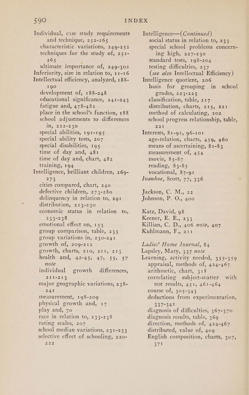 Individual, case study requirements and technique, 252-265 characteristic variations, 249-252 techniques for the study of, 251- 265 A ultimate importance of, 249-302 Inferiority, size in relation to, 11-16 Intellectual efficiency, analyzed, 188- 190 development of, 188-248 educational significance, 241-243 fatigue and, 478-482 place in the school’s function, 188 school adjustments to differences in, 222-230 special abilities, 191-195 special ability tests, 207 special disabilities, 195 time of day and, 481 time of day and, chart, 482 training, 194 Intelligence, brilliant children, 269- 278 cities compared, chart, 240 defective children, 273-280 delinquency in relation to, 291 distribution, 213-230 economic status in relation to, 233-238 emotional effect on, 153 group comparison, table, 235 group variations in, 230-241 growth of, 209-212 growth, charts, 210, 211, 213 health: and, 42-45, 47, 55, 57 note individual growth differences, 211-213 major geographic variations, 238- 24% measurement, 198-209 physical growth and, 17 play and, 70 race in relation to, 233-238 rating scales, 207 school median variations, 231-233 selective effect of schooling, 220- 04 Intelligence—( Continued ) social status in relation to, 233 special school problems concern- ing high, 227-230 standard tests, 198-204 testing difficulties, 237 (see also Intellectual Efficiency) Intelligence quotient, 206 basis for grouping in_ schcol grades, 223-225 classification, table, 217 distribution, charts, 215, 221 method of calculating, 202 school progress relationship, table, 224 Interests, 81-91, 96-101 age-relation, charts, 459, 460 means of ascertaining, 81-83 measurement of, 454 movie, 85-87 reading, 83-85 vocational, 87-91 Ivanhoe, Scott, 77, 336 JacksonC eMiayco2 Johnson, P. O., 400 Katz, David, 98 Keener ie mens Killian, C. D., 406 note, 407 Kuhlmann, F., 211 Ladies’ Home Journal, 84. Lapsley, Mary, 337 zoZe Learning, activity needed, 355-359 appraisal, methods of, 424-467 arithmetic, chart, 318 correlating subject-matter with test results, 451, 461-464 course of, 305-343 deductions from experimentation, 337-341 diagnosis of difficulties, 367-370 diagnosis results, table, 369 direction, methods of, 424-467 distributed, value of, 409 English composition, charts, 307, 371