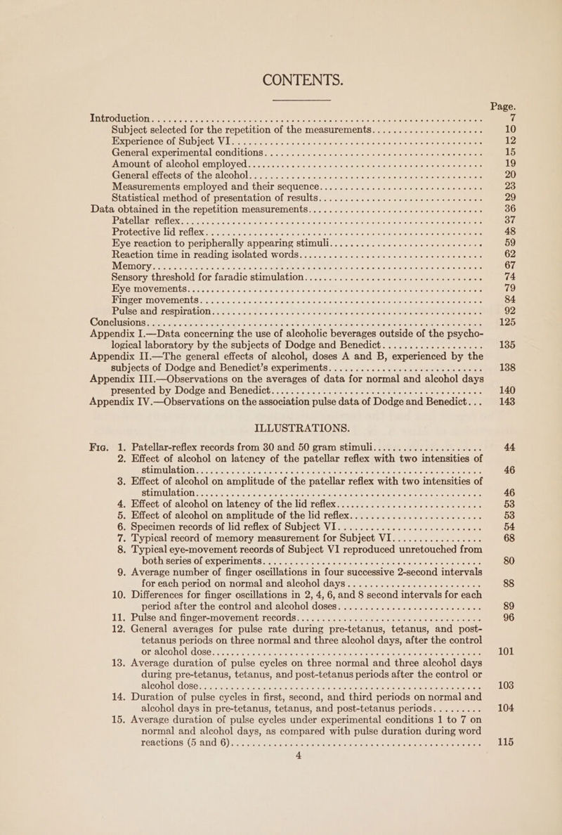 CONTENTS. ATEETOCUCUION cette ore ot tse cis ei eel tee crate lata nus tetite Whe Weta tora rene nin aeny trate eee ieee Subject selected for the repetition of the measurements................+008- WEXDEPICD GEOL UD ICCU. Vib tea cdots ccs cies souen ee a a piale alevele ele relmcate el ginen) enna Generaliexsperimental conditions . 52... vs leinw su = 0g vs yore e wielenclenb «ores Quarts gots POUR OF AICOUOL CIUPLOV EO ©. scons ovis s Gas yeite cae cree se dole coats eames eneraliel ects Ob tie eCONOL Mare ciss aa'e's cholera ate lh o viele owietate eka pic oheeapetel eas teeemens Measurements employed and their sequence............. eee e cece eee eee eees Statistical method of presentation of results............ cece cece cee eecees Data obtained in the repetition measurements.............. cece eee eee ee er eees IPA COMAPEVELOS: cu cocci wc vie eres cece Sinrerd ea Pale PiennctaD sial cee siti aie orate teme IBrotectiv nid .Tenex rats ei. as peis ora Rare ake are na ivi e Fy Sole alamo ena anes ones ae Eye reaction to peripherally appearing stimuli................ cece eee ee eens feaction ¢ime in reading isolated words)... 2.5. 0a wamuae ce cole oon eeee INE ETO OL ice sete eee eee 2's ae ay gee ae eke eo cna eae Bera hee renee Sensory threshold for faradic stimulation.................cc cece cece cece SY OxINOVEIMNENUG. can wale «his 0 aiaecove tery em ote swap etarallnse Wh ot DURE oe areas oe eee ESN PereINO VET CONUS ce Sans 5 om Sie nosiate iataiw Sova oo brats eiehe eaia ote alate at ee ee iPulsecand respiration 3.432.643... bee E FRE ee eee CONCHISIONSL AS: ted Becks earsalds 6 ates oie wok Eo Bean tiene Oe ae eas tet ere Appendix I.—Data concerning the use of alcoholic beverages outside of the psycho- logical laboratory by the subjects of Dodge and Benedict................... Appendix II.—The general effects of alcohol, doses A and B, experienced by the subjects of Dodge and Benedict’s experiments.............c cece cee ececees Appendix IIJ.—Observations on the averages of data for normal and alcohol days presented byL0dge and benedict: 240. ...a ss ce van os weet ons ee ett seen Appendix IV.—Observations on the association pulse data of Dodge and Benedict. . . ILLUSTRATIONS. . Patellar-reflex records from 30 and 50 gram stimuli..................05- . Effect of alcohol on latency of the patellar reflex with two intensities of SEU TION sacra ines vas rica es eke a ee ees ater aie ae Riel eeaeeeee ee eee . Effect of alcohol on amplitude of the patellar reflex with two intensities of SEVIIUISLION no gain orci cae oo Ee ea erate ea mene eT ee ee . Effect of alcohol on latency of the lid reflex.......... 0.0... eee ce eee . Effect of alcohol on amplitude of the lid reflex... 0.0.0.0... 0. eee ee ee eee . Specimen records of lid reflex of Subject VI... 2... 02... cece ee ee eee Typical record of memory measurement for Subject VI................. . Typical eye-movement records of Subject VI reproduced unretouched from both series of ex periments ng. wsocp ew cess is ee save ce tv eae eee . Average number of finger oscillations in four successive 2-second intervals for each period on normal and alcohol days...............e eee ce eee . Differences for finger oscillations in 2, 4, 6, and 8 second intervals for each period after the control and alcohol doses. ..............c eee e ce ecees mPulse and finger-movement TeCcOrds, ..sss0¢s6 4050 so es ein ee eee . General averages for pulse rate during pre-tetanus, tetanus, and post- tetanus periods on three normal and three alcohol days, after the control Ore BlCOnol G86 ames oo os & ieiake Gen wie esi alsin eae eae ee en 13. Average duration of pulse cycles on three normal and three alcoho! days during pre-tetanus, tetanus, and post-tetanus periods after the control or RICOHOL ORG iz 5, Ok Sway chews aches oe eae tans oye cae aerate a 14. Duration of pulse cycles in first, second, and third periods on normal and alcohol days in pre-tetanus, tetanus, and post-tetanus periods......... 15. Average duration of pulse cycles under experimental conditions 1 to 7 on normal and alcohol days, as compared with pulse duration during word reactions.(5 axicl 6) ee Ree ioe nee te ne le cease eee et Fia. O CONAN © De pt i=) pak fed Ne 138 140 143