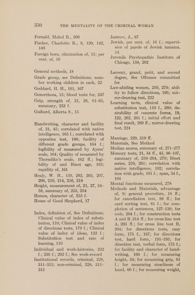 Fernald, Mabel R., 206 Fischer, Charlotte R., 8, 129, 142, 149 Foreign born, elimination of, 15; per cent. of, 16 General methods, 18 Grade group, see Definitions; num- ber working children in each, 22 Goddard, H. H., 161, 167 Gonorrhoea, 15; blood tests for, 247 Grip, strength of, 21, 28, 61-65, summary, 253 f. Guibord, Alberta 8., 15 Handwriting, character and facility of, 21, 45; correlated with native intelligence, 165 f.; correlated with opposites test, 166; facility of different grade groups, 164 f.; legibility of measured by Ayres’ scale, 164; Quality of measured by Thorndike’s scale, 162 ff.; legi- bility of and Binet age, 163; rapidity of, 161 Healy,. W. H., 159, 202, 2038, 207, 208, 210, 214, 216, 219 Height, measurement of, 21, 27, 54— 58, summary of, 253, 254 Homes, character of, 235 f. House of Good Shepherd, 17 Index, definition of, See Definitions; Clinical value of index of substi- tution, 110; Clinical value of index of directions tests, 179 f.; Clinical value of index of ideas, 182 f.; Substitution test and rate of learning, 110 f.; 236 f.; 292 f.; See work-record Institutional records, criminal, 228, 311-315; non-criminal, 228, 311- 315 Jastrow, J., 87 Jewish, per cent. of, 16 f.; supervi- sion of parole of Jewish inmates, 14 Juvenile Psychopathic Institute of Chicago, 159, 202 Larceny, grand, petit, and second degree, See Offenses committed for Law-abiding women, 250, 270; abil- ity to follow directions, 196; mir- ror-drawing test, 222 Learning tests, clinical value of substitution test, 110 f., 260; de- sirability of concrete forms, 19, 122, 262, 281 f.; initial effort and final result, 280 ff.; mirror-drawing test, 224 Marriage, 229, 319 ff. Materials, See Method Median scores, summary of, 271-277 Memory tests, 21, 34 ff., 43, 96-107, summary of, 259-264, 270; Binet series, 259, 261; correlation with native intelligence, 102; correla- tion with grade, 101 f.; span, 34 f., 104 Mental functions measured, 278 Methods and Materials, advantage of, 9; general procedure, 18 ff.; for cancellation test, 88 ff.; for eard sorting test, 81 f.; for com- pletion of sentences, 127-130; for code, 204 f.; for construction tests A and B, 214 ff.; for cross line test A, 203 ff.; for cross line test B, 204; for directions tests, easy form, 175 f., 187; for directions test, hard form,~ 191-195; for direction test, verbal form, 178 f.; for facility and character of hand- writing, 160 f.; for measuring height, 54; for measuring grip, 61 f.; for measuring steadiness of hand, 66 f.; for measuring weight,