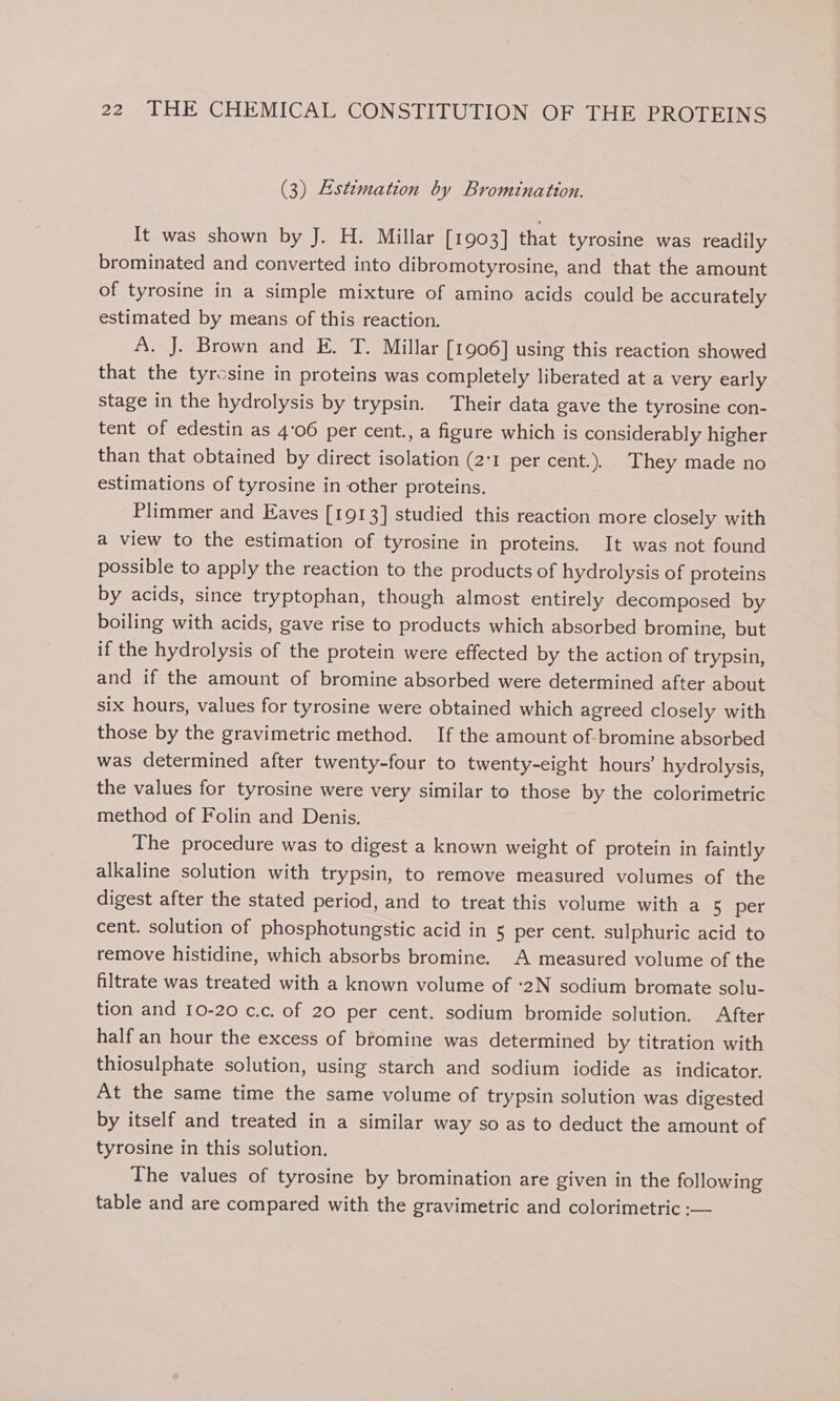 (3) Estemation by Brominatton. It was shown by J. H. Millar [1903] that tyrosine was readily brominated and converted into dibromotyrosine, and that the amount of tyrosine in a simple mixture of amino acids could be accurately estimated by means of this reaction. A, J. Brown and E. T. Millar [1906] using this reaction showed that the tyrosine in proteins was completely liberated at a very early stage in the hydrolysis by trypsin. Their data gave the tyrosine con- tent of edestin as 4'06 per cent., a figure which is considerably higher than that obtained by direct isolation (2:1 per cent.). They made no estimations of tyrosine in other proteins. Plimmer and Eaves [1913] studied this reaction more closely with a view to the estimation of tyrosine in proteins. It was not found possible to apply the reaction to the products of hydrolysis of proteins by acids, since tryptophan, though almost entirely decomposed by boiling with acids, gave rise to products which absorbed bromine, but if the hydrolysis of the protein were effected by the action of trypsin, and if the amount of bromine absorbed were determined after about six hours, values for tyrosine were obtained which agreed closely with those by the gravimetric method. If the amount of- bromine absorbed was determined after twenty-four to twenty-eight hours’ hydrolysis, the values for tyrosine were very similar to those by the colorimetric method of Folin and Denis. The procedure was to digest a known weight of protein in faintly alkaline solution with trypsin, to remove measured volumes of the digest after the stated period, and to treat this volume with a 5 per cent. solution of phosphotungstic acid in 5 per cent. sulphuric acid to remove histidine, which absorbs bromine. A measured volume of the filtrate was treated with a known volume of :2N sodium bromate solu- tion and 10-20 c.c. of 20 per cent. sodium bromide solution. After half an hour the excess of bromine was determined by titration with thiosulphate solution, using starch and sodium iodide as indicator. At the same time the same volume of trypsin solution was digested by itself and treated in a similar way so as to deduct the amount of tyrosine in this solution. The values of tyrosine by bromination are given in the following table and are compared with the gravimetric and colorimetric :—