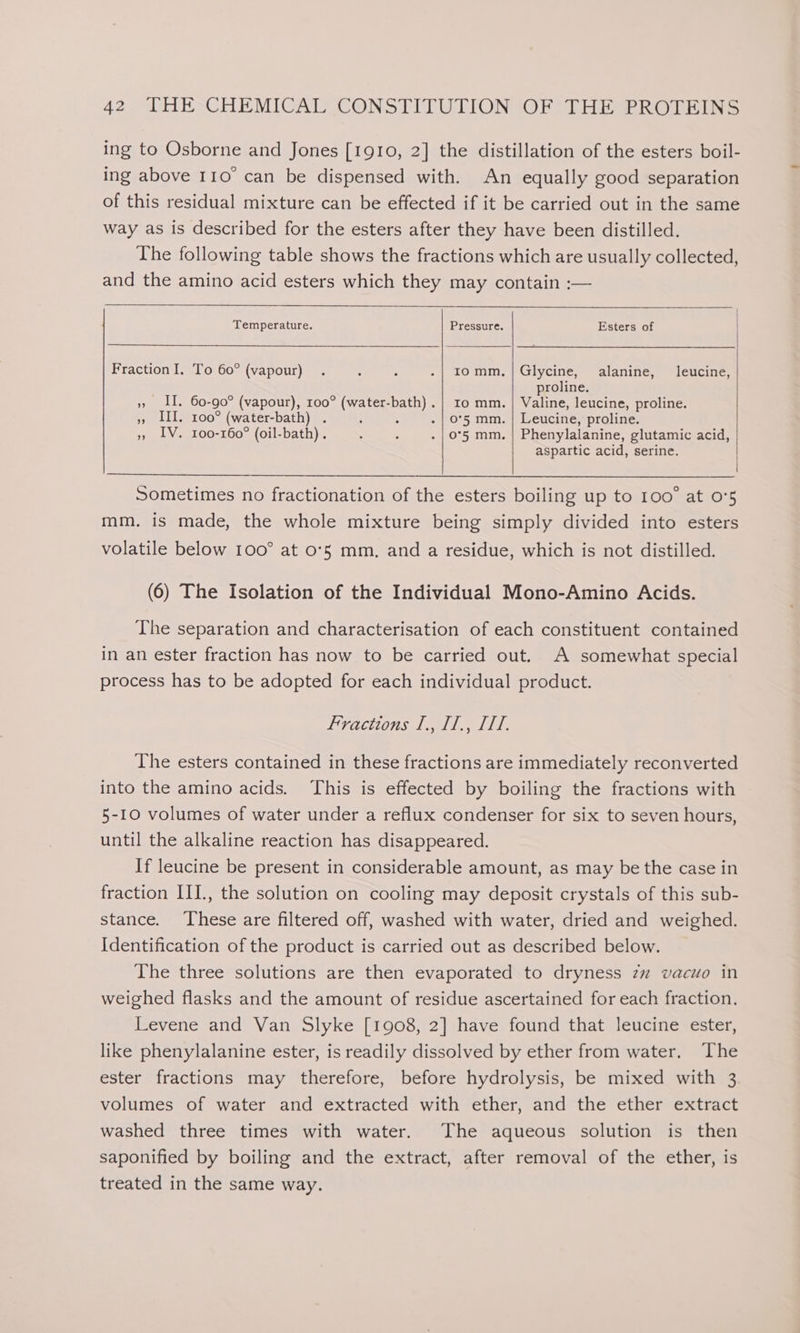 ing to Osborne and Jones [1g10, 2] the distillation of the esters boil- ing above 110° can be dispensed with. An equally good separation of this residual mixture can be effected if it be carried out in the same way as is described for the esters after they have been distilled. The following table shows the fractions which are usually collected, and the amino acid esters which they may contain :— Temperature. Pressure. Esters of FractionI, To 60° (vapour) . ‘ : -| 10mm./ Glycine, alanine, leucine, proline. », II. 60-go0° (vapour), 100° (water-bath). | ro mm. | Valine, leucine, proline. », III. 100° (water-bath) . ; 5 . | 0°5 mm. | Leucine, proline. », IV. 100-160° (oil-bath) . : : . | 0°5 mm. | Phenylalanine, glutamic acid, aspartic acid, serine. | Sometimes no fractionation of the esters boiling up to 100° at 0°5 mm. is made, the whole mixture being simply divided into esters volatile below 100° at 0o°5 mm, and a residue, which is not distilled. (6) The Isolation of the Individual Mono-Amino Acids. The separation and characterisation of each constituent contained in an ester fraction has now to be carried out. A somewhat special process has to be adopted for each individual product. LV QCHOS Jeelic wild, The esters contained in these fractions are immediately reconverted into the amino acids. This is effected by boiling the fractions with 5-10 volumes of water under a reflux condenser for six to seven hours, until the alkaline reaction has disappeared. If leucine be present in considerable amount, as may be the case in fraction III., the solution on cooling may deposit crystals of this sub- stance. These are filtered off, washed with water, dried and weighed. Identification of the product is carried out as described below. The three solutions are then evaporated to dryness 2” vacuo in weighed flasks and the amount of residue ascertained for each fraction. Levene and Van Slyke [1908, 2] have found that leucine ester, like phenylalanine ester, is readily dissolved by ether from water. The ester fractions may therefore, before hydrolysis, be mixed with 3 volumes of water and extracted with ether, and the ether extract washed three times with water. The aqueous solution is then saponified by boiling and the extract, after removal of the ether, is treated in the same way.