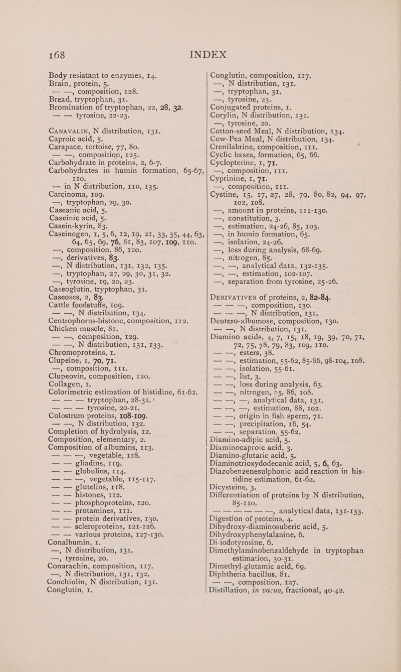 Body resistant to enzymes, I4. Brain, protein, 5. — —, composition, 128. Bread, tryptophan, 31. Bromination of tryptophan, 22, 28, 32. — — tyrosine, 22-23. CANAVALIN, N distribution, 131. Caproic acid, 5. Carapace, tortoise, 77, 80. — —, composition, 125. Carbohydrate in proteins, 2, 6-7. Carbohydrates in humin formation, 65-67, TIO. — in N distribution, 110, 135. Carcinoma, Iog. —, tryptophan, 29, 30. Caseanic acid, 5. Caseinic acid, 5. Casein-kyrin, 83. Caseinogen, T, 5; 6, 12,19, 21, 33, 355 44; 63, 64, 65, 69, 76, 81, 83, 107, 109, IIo. —, composition, 86, 120. —, derivatives, 83. —, N distribution, 131, 132, 135. —, tryptophan, 27, 29, 30, 31, 32. —, tyrosine, IQ, 20, 23. Caseoglutin, tryptophan, 31. Caseoses, 2, 83. Cattle foodstuffs, rog. — —, N distribution, 134. Centrophorus-histone, composition, 112. Chicken muscle, 81. — —, composition, 129. — —, N distribution, 131, 133. Chromoproteins, I. Clupeine, I, 70, 7I. —, composition, IIT. Clupeovin, composition, 120. Collagen, 1. Colorimetric estimation of histidine, 61-62. — — — tryptophan, 28-31. ' — — — tyrosine, 20-21. Colostrum proteins, 108-109. — —, N distribution, 132. Completion of hydrolysis, 12. Composition, elementary, 2. Composition of albumins, 113. — — —, vegetable, 178. -~— gliadins, 119. globulins, 114. —, vegetable, 115-117. glutelins, 118. histones, 112. phosphoproteins, 120. protamines, III. protein derivatives, 130. scleroproteins, 121-126. — various proteins, 127-130. Conalbumin, 1. —, N distribution, 131. —, tyrosine, 20. Conarachin, composition, 117. —, N distribution, 131, 132. Conchiolin, N distribution, 131. Conglutin, 1. ial ta) — —s Conglutin, composition, 117. —, N distribution, 131. —, tryptophan, 31. —, tyrosine, 23. Conjugated proteins, r. Corylin, N distribution, 131. —, tyrosine, 20. Cotton-seed Meal, N distribution, 134. Cow-Pea Meal, N distribution, 134. Crenilabrine, composition, Ir1. Cyclic bases, formation, 65, 66. Cyclopterine, 1, 71. —, composition, III. Cyprinine, 1, 71. —, composition, III. Cystine, 15, 17, 27; 28, 795 80, 82, 94, 975 102, 108. , amount in proteins, 111-130. , constitution, 3. —, estimation, 24-26, 85, 103. in humin formation, 65. isolation, 24-26. loss during analysis, 68-69. —, nitrogen, 85. —, —, analytical data, 132-135. —, —, estimation, 102-107. , Separation from tyrosine, 25-26. ? ’ ’ DERIVATIVES of proteins, 2, 82-84. — — —, composition, 130. — — —, N distribution, 131. Deutero-albumose, composition, 130. — —, N distribution, 131. Diamino acids; 4, 7,15, 18, 19,039,.703.719 72, 75, 78, 79, 83, 109, 110. esters, 38. estimation, 55-62, 85-86, 98-104, 108. isolation, 55-61. list, 3. loss during analysis, 63. nitrogen, 55, 86, 108. —, analytical data, 131. —, estimation, 88, 102. origin in fish sperm, 71. precipitation, 16, 54. separation, 55-62, Diamino-adipic acid, 5. Diaminocaproic acid, 3. Diamino-glutaric acid, 5. Diaminotrioxydodecanic acid, 5, 6, 63. Diazobenzenesulphonic acid reaction in his- tidine estimation, 61-62. Dicysteine, 3. Differentiation of proteins by N distribution, 85-110. — — — — — — , analytical data, 131-133. Digestion of proteins, 4. Dihydroxy-diaminosuberic acid, 5. Dihydroxyphenylalanine, 6. Di-iodotyrosine, 6. Dimethylaminobenzaldehyde in tryptophan estimation, 30-31. Dimethyl-glutamic acid, 69. Diphtheria bacillus, 81. — —, composition, 127. Distillation, in vacuo, fractional, 40-42. ~ ~ | ~ | aa ow ee ED te gg