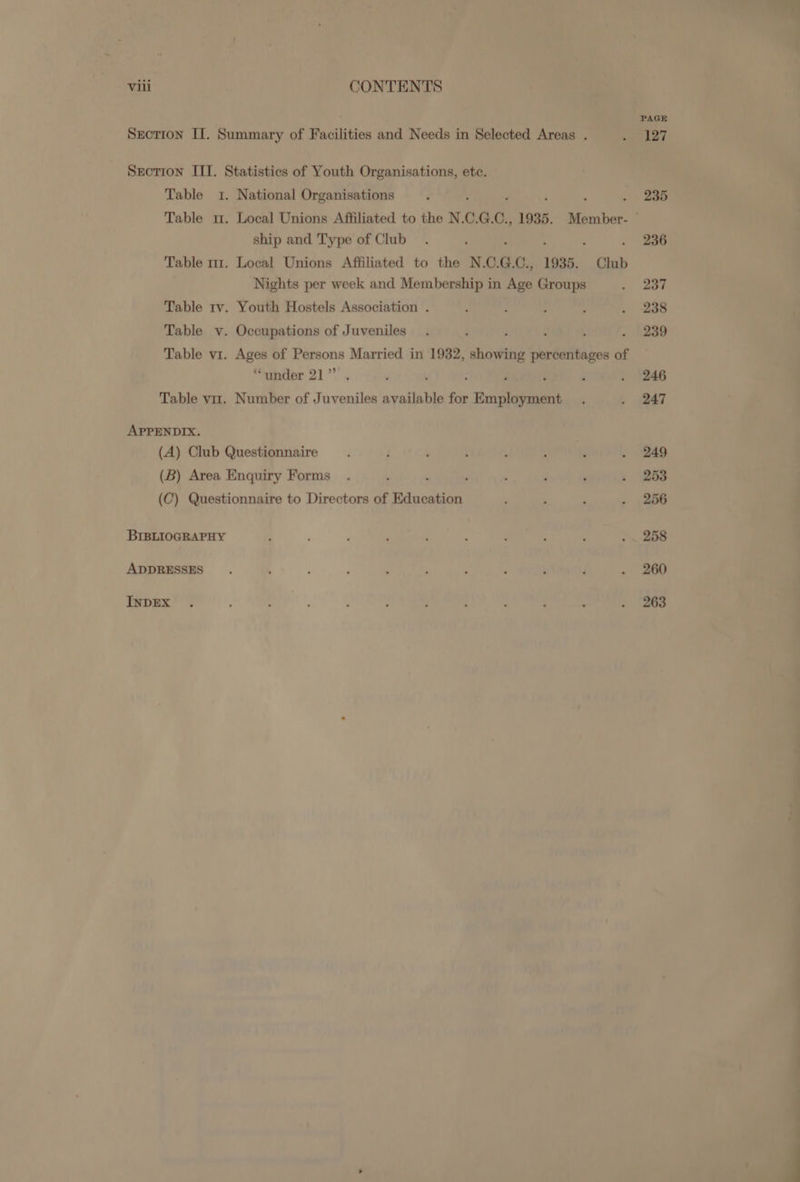 Section IJ. Summary of Facilities and Needs in Selected Areas . Srotion ITI. Statistics of Youth Organisations, etc. Table 1. National Organisations ship and Type of Club : , Table 111. Local Unions Affiliated to the N.C. G. C., 1935. Club Nights per week and Membership in fies Groups Table tv. Youth Hostels Association . Table v. Occupations of Juveniles 5 Table v1. “ee of Persons Married in 1932, aihetnase Shsiibahee of “under 21” . i 4 Table viz. Number of Juveniles available for Employment APPENDIX. (A) Club Questionnaire (B) Area Enquiry Forms (C) Questionnaire to Directors of Education BIBLIOGRAPHY ADDRESSES INDEX PAGE 127 235 236 237 238 239 246 247 249 253 256 258 260 263