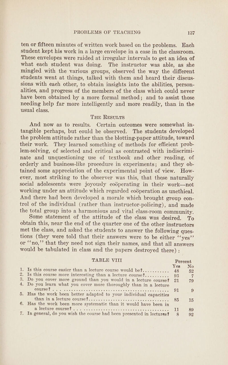 ten or fifteen minutes of written work based on the problems. Each student kept his work in a large envelope in a ease in the classroom. These envelopes were raided at irregular intervals to get an idea of what each student was doing. The instructor was able, as she mingled with the various groups, observed the way the different students went at things, talked with them and heard their discus- sions with each other, to obtain insights into the abilities, person- alities, and progress of the members of the class which could never have been obtained by a more formal method; and to assist those needing help far more intelligently and more readily, than in the usual class. THE RESULTS And now as to results. Certain outcomes were somewhat in- tangible perhaps, but could be observed. The students developed the problem attitude rather than the blotting-paper attitude, toward their work. They learned something of methods for efficient prob- lem-solving, of selected and critical as contrasted with indiscrimi- nate and unquestioning use of textbook and other reading, of orderly and business-like procedure in experiments; and they ob- tained some appreciation of the experimental point of view. How- ever, most striking to the observer was this, that these naturally social adolescents were joyously codperating in their work—not working under an attitude which regarded cooperation as unethical. And there had been developed a morale which brought group con- trol of the individual (rather than instructor-policing), and made the total group into a harmonious and vital class-room community. Some statement of the attitude of the class was desired. To obtain this, near the end of the quarter one of the other instructors met the class, and asked the students to answer the following ques- tions (they were told that their answers were to be either Sr VCSe or “‘no,’’ that they need not sign their names, and that all answers would be tabulated in class and the papers destroyed there) : TABLE VIII Percent Yes No 1. Is this course easier than a lecture course would be?........... 48 52 2. Is this course more interesting than a lecture course?.......... 93 ff 3. Do you cover more ground than you would in a lecture course? 21 79 4. Do you learn what you cover more thoroughly than in a lecture COULSO | Gages erai ste tanie al alis late a Waly Saini aie korean ek. atcha aime 91 9 5. Has the work been better adapted to your individual capacities POAT ALOE LUTERCOUTSG ¢ an iahdies cs ciefNcte Wee ie the cia ates A Rae 85 15 6. Has the work been more systematic than it would have been in BRLOCEULOLCOULS Os wrrin e feta ato ake disse ick Miter ee ETI eter 11 89 7. In general, do you wish the course had been presented in lectures? 8 92