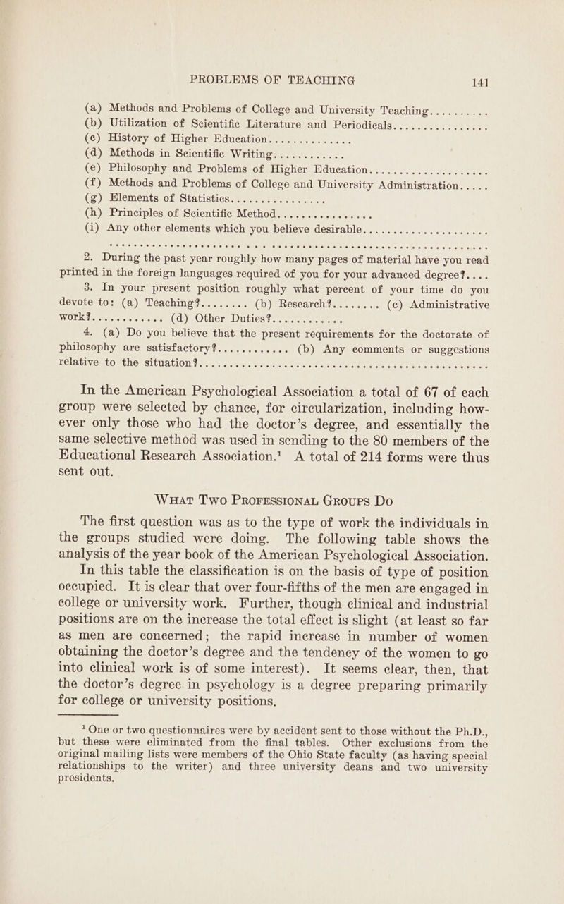 (a) Methods and Problems of College and University Teaching (b) Utilization of Scientific Literature and Periodicals (c) History of Higher Education.............. (d) Methods in Scientific Writing............ (e) Philosophy and Problems of Higher Education..................0. (f) Methods and Problems of College and University Administration (2 eliloments Ob statistica ieee nr (h) Principles of Scientific Method................ (i) Any other elements which you believe desirable..............e...00. oer e er eee see oer eee ees eee eee eereree SECT See (OF 6.8 Lee S06 6 (6) 8.6 6) .6L 67 CUES UD e a .0t6) 050.08 VON Se: 6) oe e716. 'e! 61:0.0' (06 9) 6) #606) 6) 6) 0 60.6 we be 816 2. During the past year roughly how many pages of material have you read printed in the foreign languages required of you for your advanced degree?.... 3. In your present position roughly what percent of your time do you devote to: (a) Teaching?........ (Oye Researchiieran ster (c) Administrative SVOLE thustetvers se trea ¢ (a), Other Ditties? acct 4. (a) Do you believe that the present requirements for the doctorate of philosophy are satisfactory?............ (b) Any comments or suggestions PelEULVomLO SNe cSItUdtiOn toss skeen a ican ten tate tern eee TIS ae: ho sm In the American Psychological Association a total of 67 of each group were selected by chance, for circularization, including how- ever only those who had the doctor’s degree, and essentially the same selective method was used in sending to the 80 members of the Educational Research Association.: A total of 214 forms were thus sent out. WHAT Two PROFESSIONAL GRouPS Do The first question was as to the type of work the individuals in the groups studied were doing. The following table shows the analysis of the year book of the American Psychological Association. In this table the classification is on the basis of type of position occupied. It is clear that over four-fifths of the men are engaged in college or university work. Further, though clinical and industrial positions are on the increase the total effect is slight (at least so far aS men are concerned; the rapid increase in number of women obtaining the doctor’s degree and the tendency of the women to go into clinical work is of some interest). It seems clear, then, that the doctor’s degree in psychology is a degree preparing primarily for college or university positions. * One or two questionnaires were by accident sent to those without the Ph.D., but these were eliminated from the final tables. Other exclusions from the original mailing lists were members of the Ohio State faculty (as having special relationships to the writer) and three university deans and two university presidents.