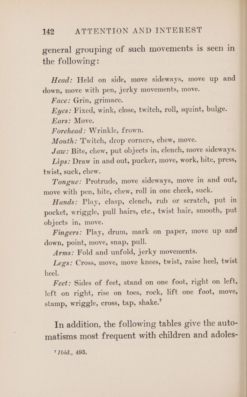 general grouping of such movements is seen in the following: Head: Held on side, move sideways, move up and down, move with pen, jerky movements, move. Face: Grin, grimace. Eyes: Fixed, wink, close, twitch, roll, squint, bulge. Ears: Move. Forehead: Wrinkle, frown. Mouth: Twitch, drop corners, chew, move. Jaw: Bite, chew, put objects in, clench, move sideways. Lips: Draw in and out, pucker, move, work, bite, press, twist, suck, chew. Tongue: Protrude, move sideways, move in and out, move with pen, bite, chew, roll in one cheek, suck. Hands: Play, clasp, clench, rub or scratch, put in pocket, wriggle, pull hairs, etc., twist hair, smooth, put objects in, move. Fingers: Play, drum, mark on paper, move up and down, point, move, snap, pull. Arms: Fold and unfold, jerky movements. Legs: Cross, move, move knees, twist, raise heel, twist heel. Feet: Sides of feet, stand on one foot, right on left, left on right, rise on toes, rock, lift one foot, move, stamp, wriggle, cross, tap, shake.’ In addition, the following tables give the auto- matisms most frequent with children and adoles- 7Tbid., 493.