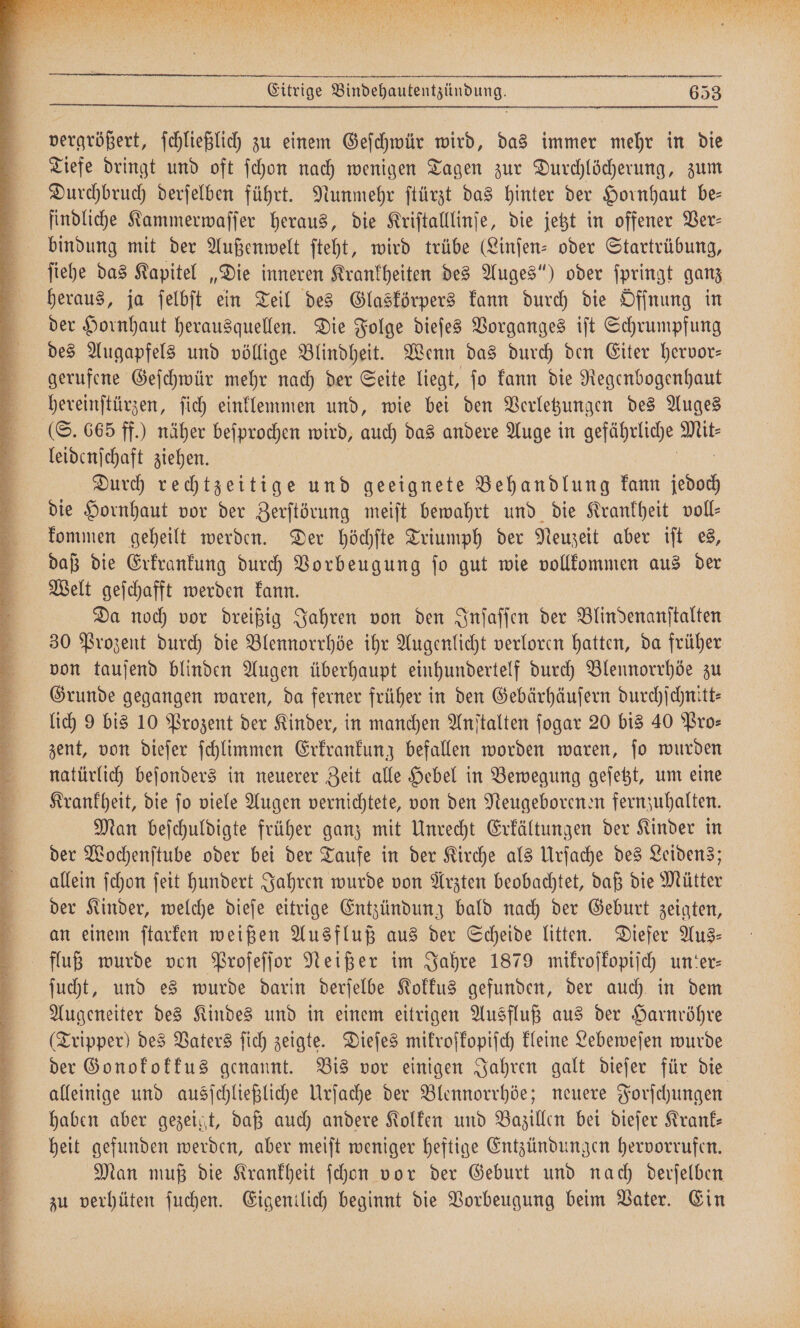 vergrößert, ſchließlich zu einem Geſchwür wird, das immer mehr in die Tiefe dringt und oft ſchon nach wenigen Tagen zur Durchlöcherung, zum Durchbruch derſelben führt. Nunmehr ſtürzt das hinter der Hornhaut be— findliche Kammerwaſſer heraus, die Kriſtalllinſe, die jetzt in offener Ver— bindung mit der Außenwelt ſteht, wird trübe (Linſen- oder Startrübung, ſiehe das Kapitel „Die inneren Krankheiten des Auges“) oder ſpringt ganz heraus, ja ſelbſt ein Teil des Glaskörpers kann durch die Offnung in der Hornhaut herausquellen. Die Folge dieſes Vorganges iſt Schrumpfung des Augapfels und völlige Blindheit. Wenn das durch den Eiter hervor— gerufene Geſchwür mehr nach der Seite liegt, ſo kann die Regenbogenhaut hereinſtürzen, ſich einklemmen und, wie bei den Verletzungen des Auges (S. 665 ff.) näher beſprochen wird, auch das andere Auge in gefährliche 1 leidenſchaft ziehen. Durch rechtzeitige und geeignete Behandlung kann jedoch die Hornhaut vor der Zerſtörung meiſt bewahrt und die Krankheit voll- kommen geheilt werden. Der höchſte Triumph der Neuzeit aber iſt es, daß die Erkrankung durch Vorbeugung ſo gut wie vollkommen aus der Welt geſchafft werden kann. Da noch vor dreißig Jahren von den Inſaſſen der Blindenanſtalten 30 Prozent durch die Blennorrhöe ihr Augenlicht verloren hatten, da früher von tauſend blinden Augen überhaupt einhundertelf durch Blennorrhöe zu Grunde gegangen waren, da ferner früher in den Gebärhäuſern durchſchnitt⸗ lich 9 bis 10 Prozent der Kinder, in manchen Anſtalten ſogar 20 bis 40 Pro: zent, von dieſer ſchlimmen Erkrankung befallen worden waren, ſo wurden natürlich beſonders in neuerer Zeit alle Hebel in Bewegung geſetzt, um eine Krankheit, die ſo viele Augen vernichtete, von den Neugeborenen fernzuhalten. Man beſchuldigte früher ganz mit Unrecht Erkältungen der Kinder in der Wochenſtube oder bei der Taufe in der Kirche als Urſache des Leidens; allein ſchon ſeit hundert Jahren wurde von Ärzten beobachtet, daß die Mütter der Kinder, welche dieſe eitrige Entzündung bald nach der Geburt zeigten, an einem ſtarken weißen Ausfluß aus der Scheide litten. Diefer Aus: fluß wurde von Profeſſor Neißer im Jahre 1879 mikroſkopiſch unter: ſucht, und es wurde darin derſelbe Kokkus gefunden, der auch in dem Augeneiter des Kindes und in einem eitrigen Ausfluß aus der Harnröhre (Tripper) des Vaters ſich zeigte. Dieſes mikroſkopiſch kleine Lebeweſen wurde der Gonokokkus genannt. Bis vor einigen Jahren galt dieſer für die alleinige und ausſchließliche Urſache der Blennorrhöe; neuere Forſchungen haben aber gezeigt, daß auch andere Kolken und Bazillen bei dieſer Krank— heit gefunden werden, aber meiſt weniger heftige Entzündungen hervorrufen. Man muß die Krankheit ſchon vor der Geburt und nach derſelben zu verhüten ſuchen. Eigentlich beginnt die Vorbeugung beim Vater. Ein