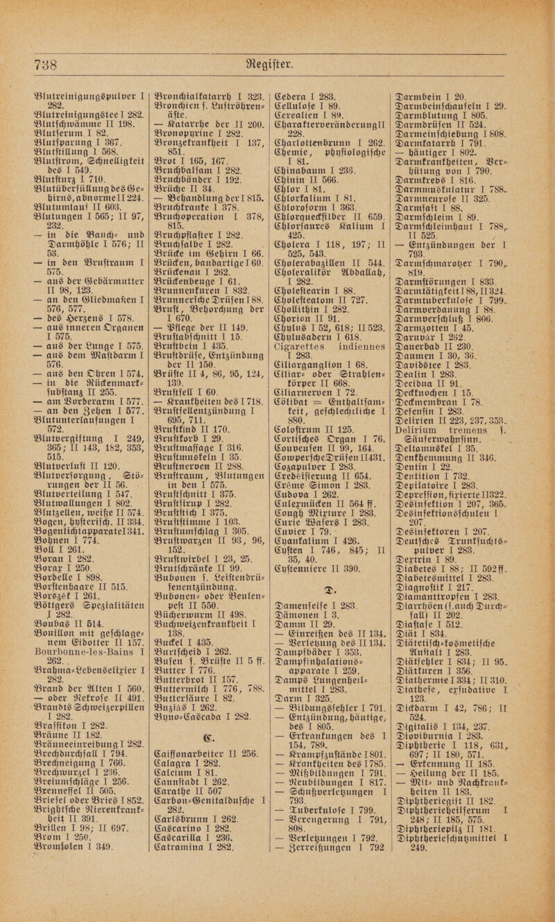 Blutreinigungspulver I 282 Blutreinigungstee I 282. Blutſchwämme II 198. Blutſerum I 82. Blutſparung I 367. Blutſtillung 1 568. 1 Schnelligkeit e Blutſturz I 710. Blutüberfüllung des Ge⸗ hirns, abnorme JI 224. Blutumlauf II 603. Blutungen I 565; II 97, 232. — in die Bauch⸗ und „ 1 576; II — in, den Bruſtraum I — aus der Gebärmutter II 98, 123. — an den Gliedmaßen I 576, 577. — des Herzens I 578. — aus inneren Organen I 575. — aus der Lunge I 575. — 5165 dem Maſtdarm I 10. — aus den Ohren 1 574. — in die Rückenmark⸗ ſubſtanz II 255. — am Vorderarm 1 577. an den Zehen 1 577. Blutunterlaufungen I 572. Blutvergiftung I 249, 365; II 143, 182, 353, 515. Blutverluſt II 120. Blutverſorgung, Stö⸗ rungen der II 56. Blutverteilung I 547. Blutwallungen I 802. Blutzellen, weiße II 574 Bogen, hyſteriſch. II 334. Bogenlichtapparate!l341. Bohnen I 774. Boll I 261. Boran I 282. Borar I 250. Bordelle I 898. Borſtenhaare II 515. Borszék I 261. Böttgers Spezialitäten I 282. Boubas II 514. Bouillon mit geſchlage⸗ nem Eidotter II 157. i -Jes-Bains 1 i Lebenselixier I Brand der Alten I 560. — oder Nekroſe II 491. Brandts Schweizerpillen J 282. Braſſikon I 282. Bräune II 182. Bräuneeinreibung I 282. Brechdurchfall I 794. Brechneigung I 766. Brechwurzel I 236. Breiumſchläge I 256. Brenneſſel II 505. Brieſel oder Bries 1852. Brightſche Nierenkrank⸗ heit II. 391. Brillen I 98; II 697. Brom I 250. Bromſolen I 349. Bronchialkatarrh I 323. eee Luftröhren⸗ — Was e der II 200. Bronopyrine I 282. Bronzekrankheit I 137, 851. Brot I 165, 167. Bruchbalſam I 282. Bruchbänder I 192. Brüche II 34. — Behandlung der 815. Bruchkranke I 378. ieee 1378, Bruchpflaſter I 282. Bruchſalbe I 282. Brücke im Gehirn I 66. Brücken, bandartige 60. Brückenau 1 262. Brückenbeuge 1 61. Brunnenkuren I 832. Brunnerſche Drüſen 188. rl ns der — Pllege der II 149. Bruſtabſchnitt 1 15. Bruſtbein I 435. N e der II 10 II re 86, 95, 124, Bruſtfell I 60. — Krankheiten des 1718. Bruſtfellentzündung I 695, 711. Bruſtkind II 170. Bruſtkorb I 29. Bruſtmaſſage I 316. Bruſtmuskeln I 35. Bruſtnerven II 288. Bruſtraum, Blutungen in den I 575. Bruſtſchnitt I 375. Bruſtſirup I 282. Bruſtſtich I 375. Bruſtſtimme I 103. Bruſtumſchlag I 305. eee I 93, 96, Hruſtwirbel 1 23, 25 Brutſchränke II 99. Bubonen ſ. Leiſtendrü⸗ ſenentzündung. Bubonen⸗- oder Beulen⸗ peſt II 550. Bücherwurm II 498. e I Buckel 1 435. Burtſcheid I 262. ; Buſen ſ. Brüſte II 5 ff. Butter I 776. Butterbrot II 157. Buttermilch I 776, 788. Butterſäure I 82. Buzias I 262. Byno-&amp;ascada I 282. C. Caiſſonarbeiter II 256. Calagra I 282. Calcium I 81. Cannſtadt I 262. Carathe II 507 Carbon⸗Genitalduſche I 282. Carlsbrunn I 262. Cascarino I 282. Cascarilla I 236. Ca tramina I 282. Cedera I 283. Celluloſe I 89. Cerealien I 89. eee e Charlottenbrunn I 262. en phyſiologiſche Chinabaum I 236. Chinin II 566. Chlor I 81. Chlorkalium I 81. Chloroform I 363. Chlorqueckſilber II 659. Chlorſaures Kalium 1 425. Cholera I 118, 197; U 525, 543. Cholerabazillen II n Choleralikör Abdallah, I 282. Choleſtearin I 88. Choleſteatom II 727 Chollithin I 282. Chorion II 91. Chylus 1 52, 618; II 523. Chylusadern 1 618. Cigarettes indiennes 1 283. Ciliarganglion I 68. Ciliar⸗ oder Strahlen: körper II 668. Ciliarnerven I 72. Cölibat = Enthaltſam⸗ a geichlechiliche I 880 Coloſtrum II 125. Cortiſches Organ I 76. Couveuſen II 99, 164. Cowperſche Drüſen 11431. Cozapulver I 283. Gredeifierung II 654. Créme Simon I 283. Cudova I 262. Culexmücken II 564 ff. Cough Mixture I 283. Curie Wafers I 283. Cuvier I 79. Cyankalium I 426. Cyſten I 746, 845; II 35, 40 Cyſtenniere II 390. D. Damenſeife I 283. Dämonen I 3. Damm II 29. — Einreißen des II 134. — Verletzung des II 134. Dampfbäder I 353. Dampfinhalations⸗ apparate I 259. Damps Lungenheil⸗ mittel I 283. Darm I 325. — Bildungsfehler I 791. — Entzündung, häutige, des I 805. — Erkrankungen des I 154, 789. — Krampfzuſtände 1801. — Krankheiten des 1785. — Mißbildungen I 791. — Neubildungen I 817. — Schußverletzungen I 793. — Tuberkuloſe I 799. — 800 er Ang 12798, — egen I 792. — Zerreißungen 1 792. Darmbein I 20. Darmbeinſchaufeln I 29. Darmblutung I 805. Darmdrüſen II 524. Darmkatarrh I 791. — häutiger I 802. hütung von I 790. Darmkrebs I 816. Darmmuskulatur I 788. Darmneuroſe II 325. Darmſaft I 88. Darmſchleim I 89. Dan RP I 788,. — Gg der 1 Dariaſchmarotzer I 790, 819 Darmſtörungen I 833. Darmtätigkeit 188, II 324. Darmtuberkuloſe I 799. Darmverdauung I 88. Darmverſchluß I 806. Darmzotten I 45. Daruvar I 262. Dauerbad II 230. Daumen I 30, 36. Da vidstee I 283. Dealin I 283. Deeidua II 91. Deckknochen I 15. Defenſin I 283. Delirien II 223, 237, 358. Delirium tremens . Säuferwahnſinn. Deltamuskel I 35. Denkhemmung II 346. Dentin I 22. Dentition I 732. Depilatoire I 283. Depreſſion, fixierte 11322 Desinfektion I 207, 365. Desinfettionsfehulen I Hesſſeri en 1.20%. Deutſches Trunkſuchts⸗ pulver I 283. Dextrin I 89. Diabetes I 88; II 592 ff. Diabetesmittel I 283. Diagnoſtik I 217. Diamanttropfen I 283. Diarrhöen (j.auch Durch— fall) II 202. Diaſtaſe I 512. Diät I 834. Diätetiſch⸗kosmetiſche Anſtalt I 283. Diätfehler I 834; II 95. Diätkuren I 356. Diathermie 1334; II 310. 142 erjudative I Dickdarm I 42, 786; II 524. Digitalis I 134, 237. Dioviburnia I 283. Diphtherie I 118, 631, 697 ; II 180, 571. — Erkennung' II 185. — Heilung der II 185. — Mit: und Nachkrauk— heiten II 183. Diphtheriegift II 182. Diphtherieheilſerum I 248 II 185, 575. Diphtheriepilz II 181. i 1 249.
